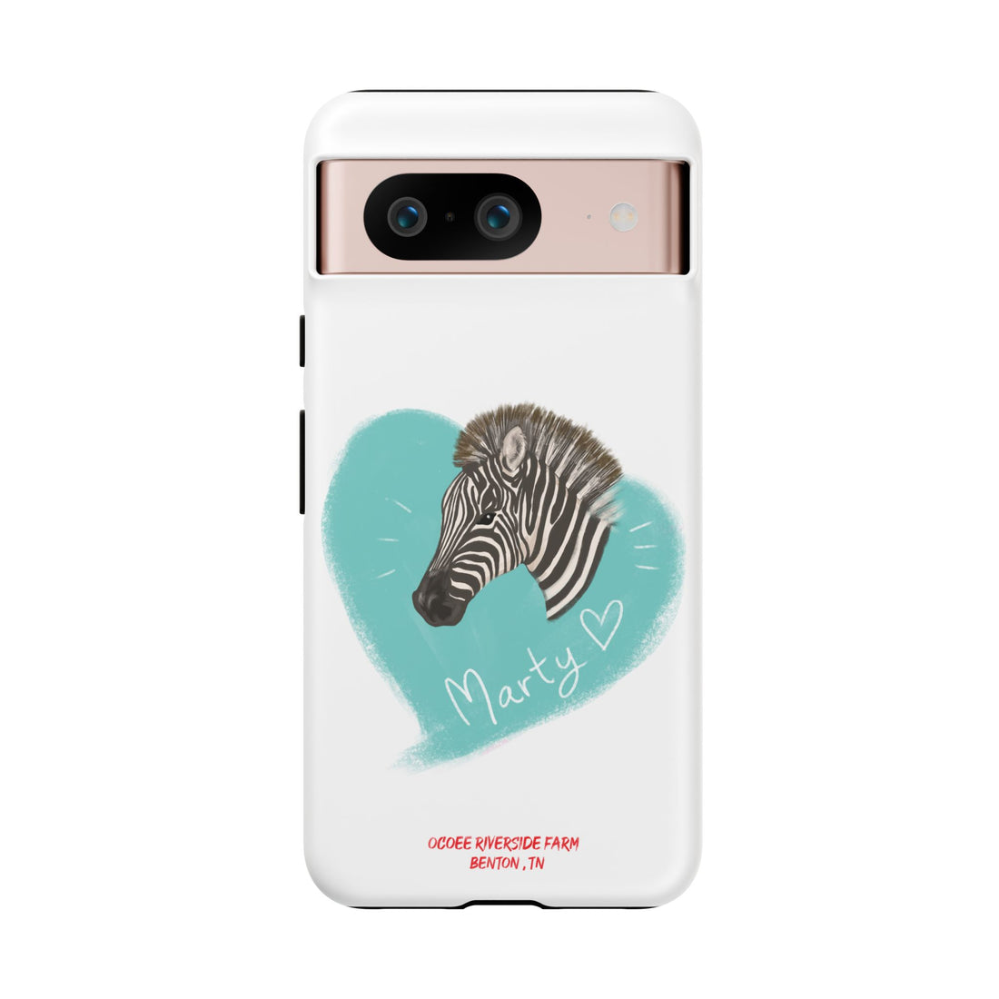 A zebra adorned with the word "Marty" creatively integrated into its stripes at Ocoee Riverside Farm Phone Case