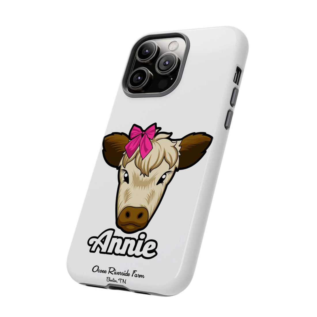 Cute cow phone case with red bow; ideal farm animal lover gift.