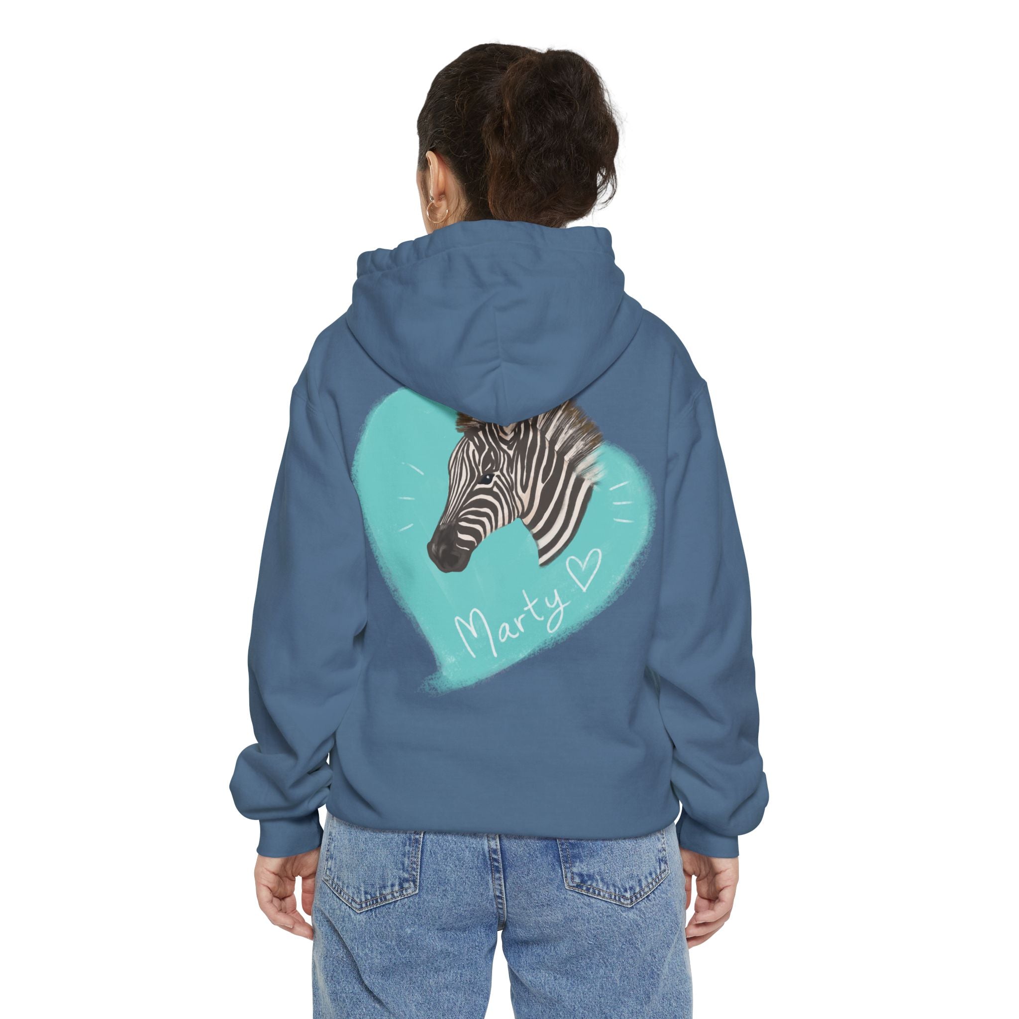 A zebra adorned with the word "Marty" creatively integrated into its stripes at Ocoee Riverside Farm Unisex Hoodie