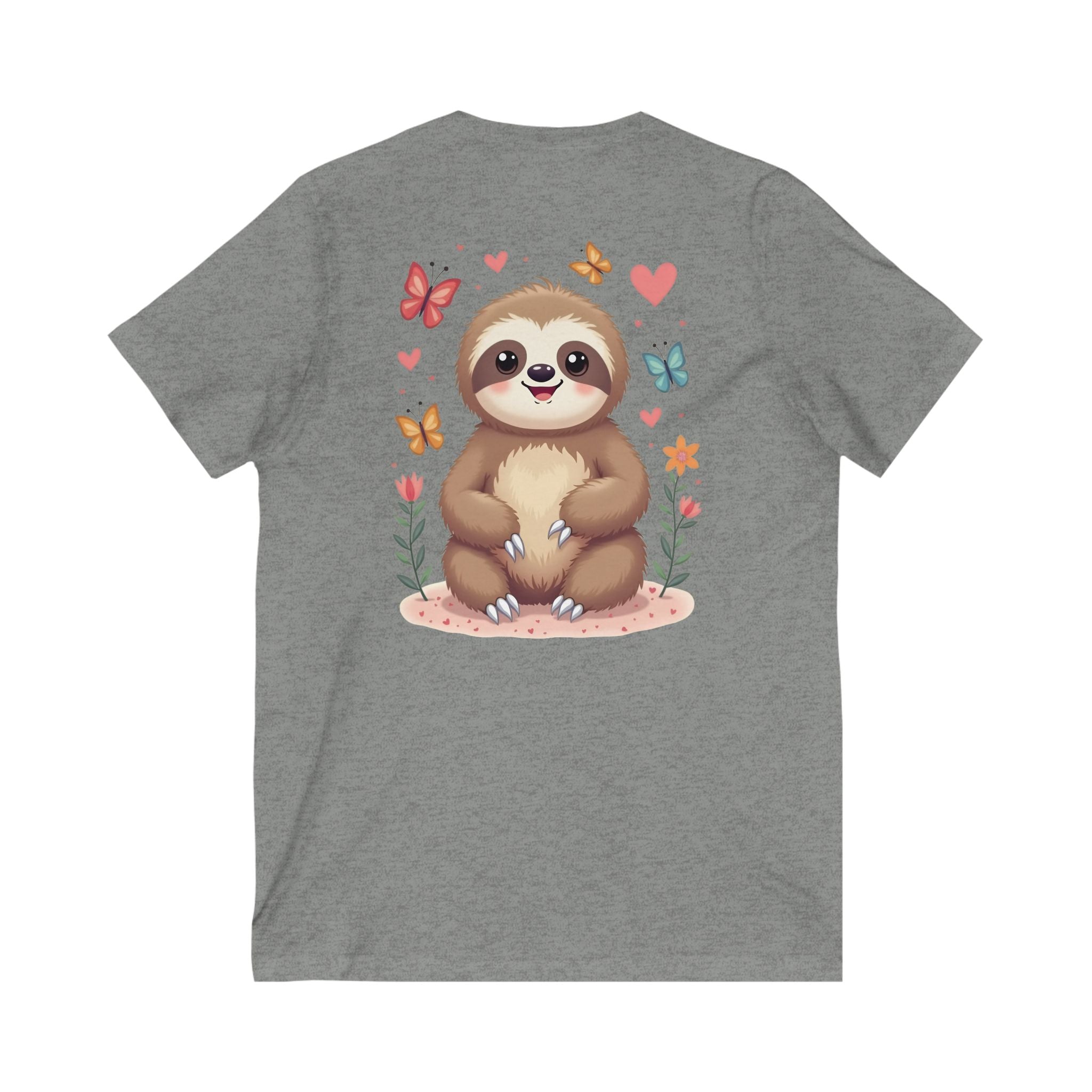 Cute Sloth and Butterfly Unisex V-Neck Tee - Perfect Gift for Nature Lovers