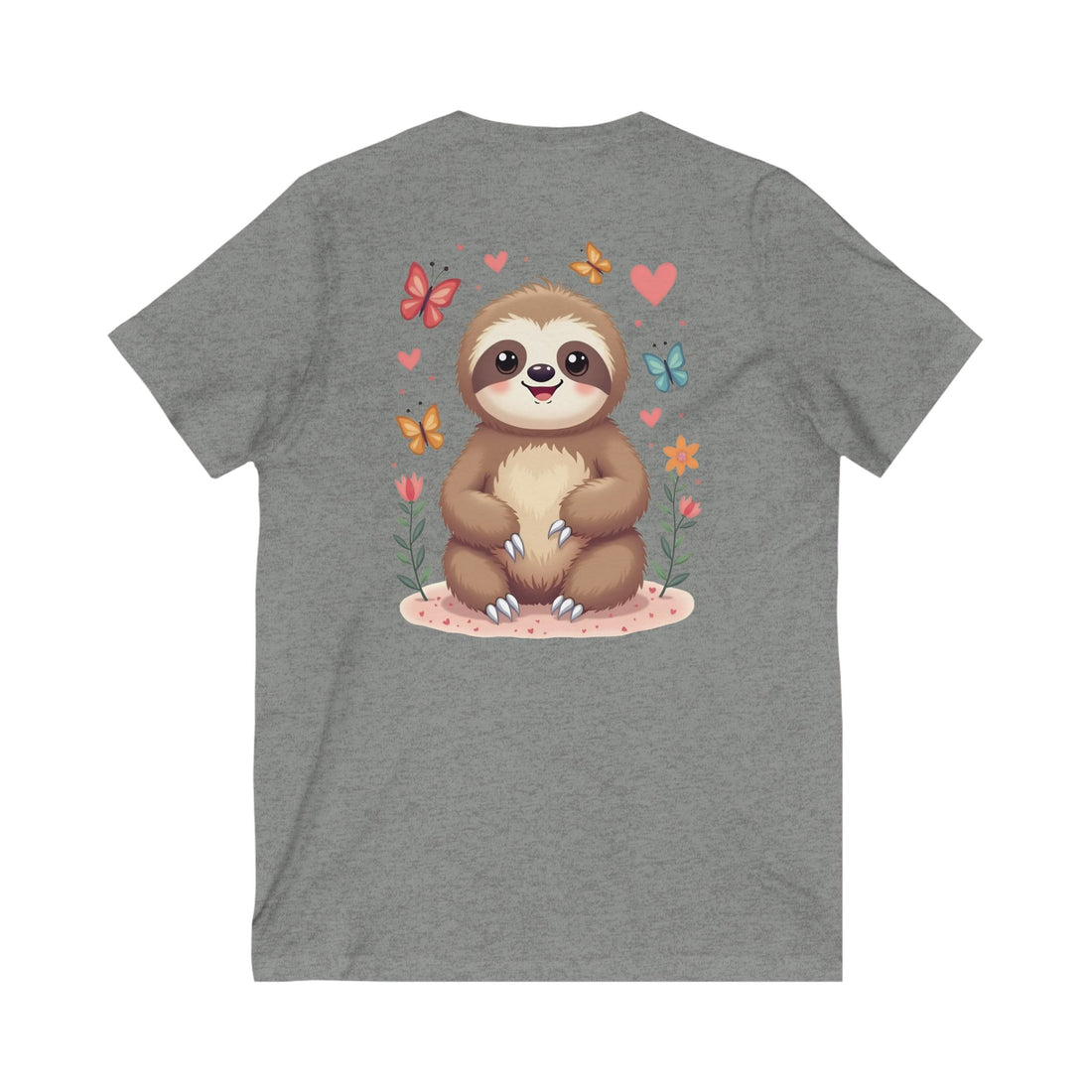 Cute Sloth and Butterfly Unisex V-Neck Tee - Perfect Gift for Nature Lovers