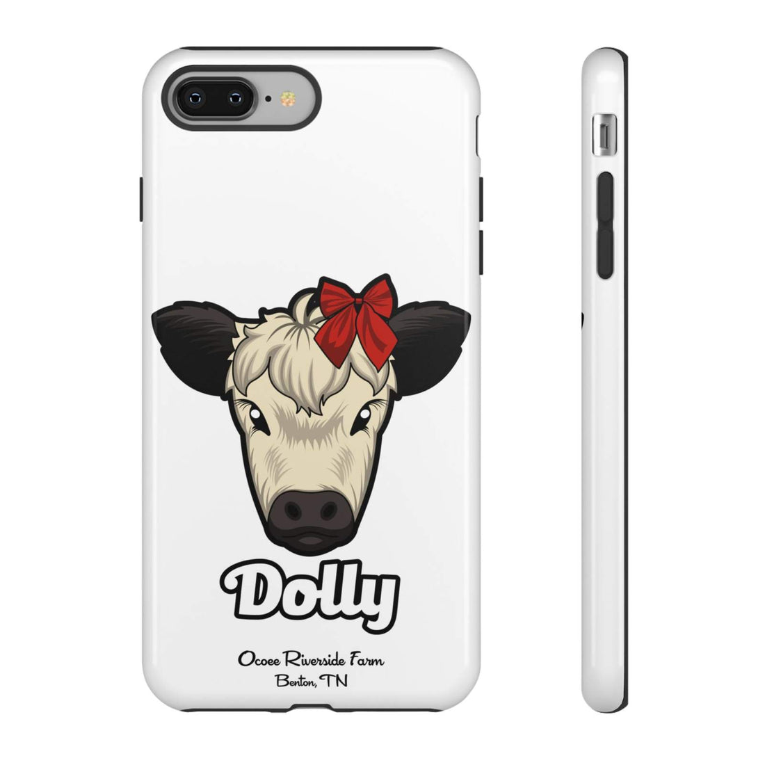 Farmhouse Chic Phone Case featuring Dolly the cow with a red bow, durable and protective design for rustic style lovers