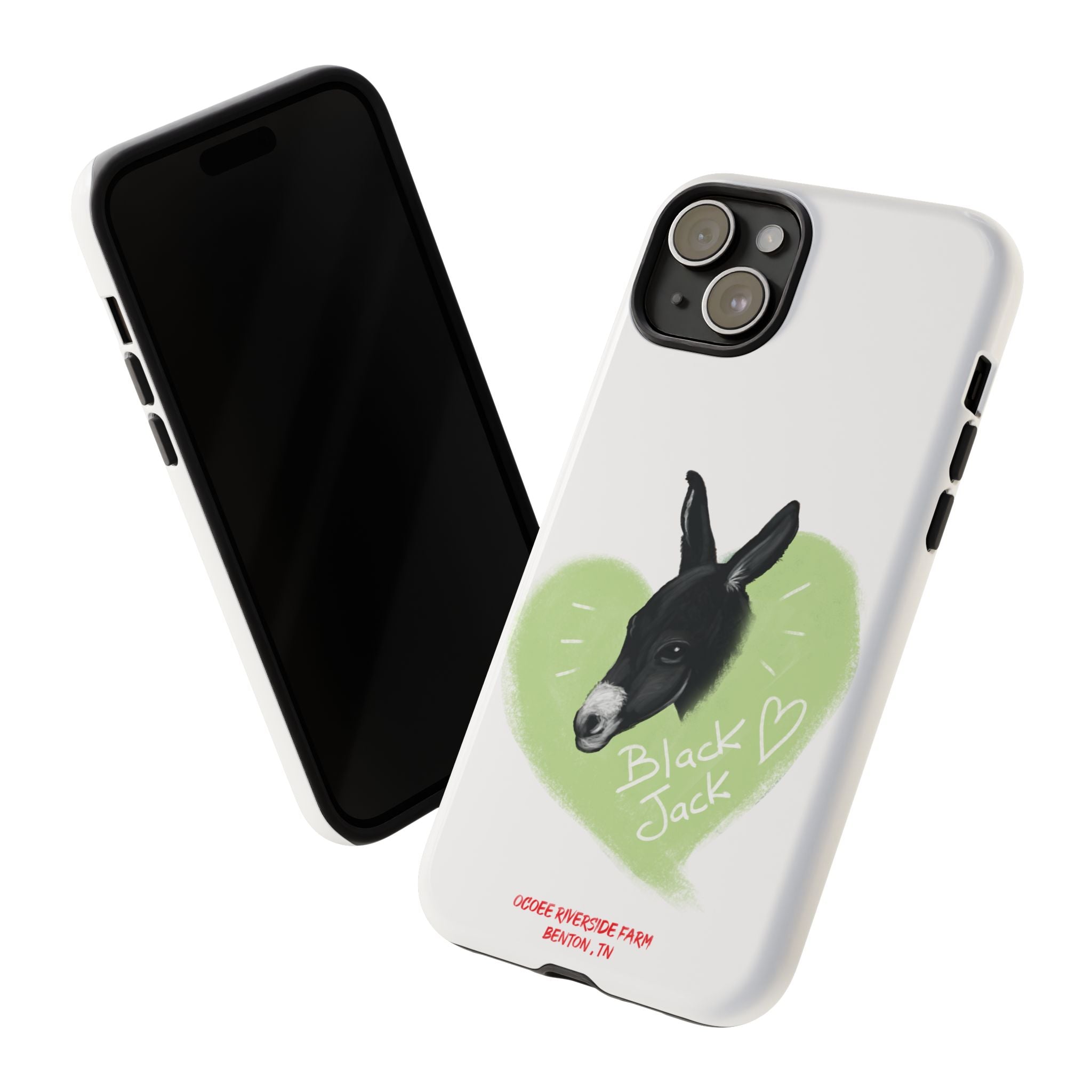 A donkey featuring the words "Black Jack" prominently displayed on its side at Ocoee Riverside Farm Phone Case