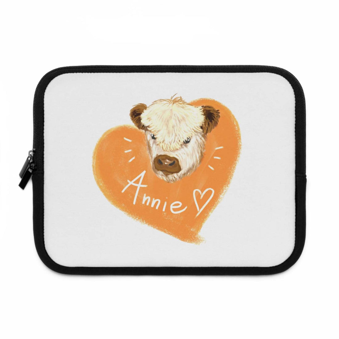 Custom cow laptop sleeve with personalized cow illustration and heart design, durable and water-resistant protective case for laptops