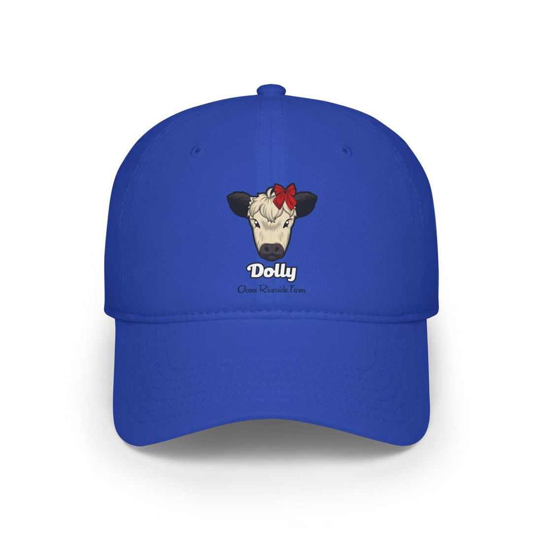 Blue cow baseball cap featuring a cow named Dolly with a red bow on its head.