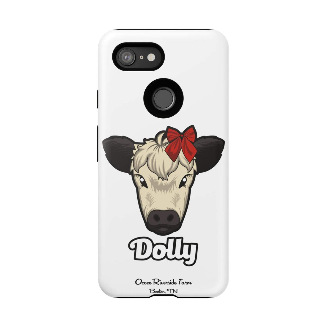 Farmhouse Chic phone case with Dolly the cow wearing a red bow and rustic design