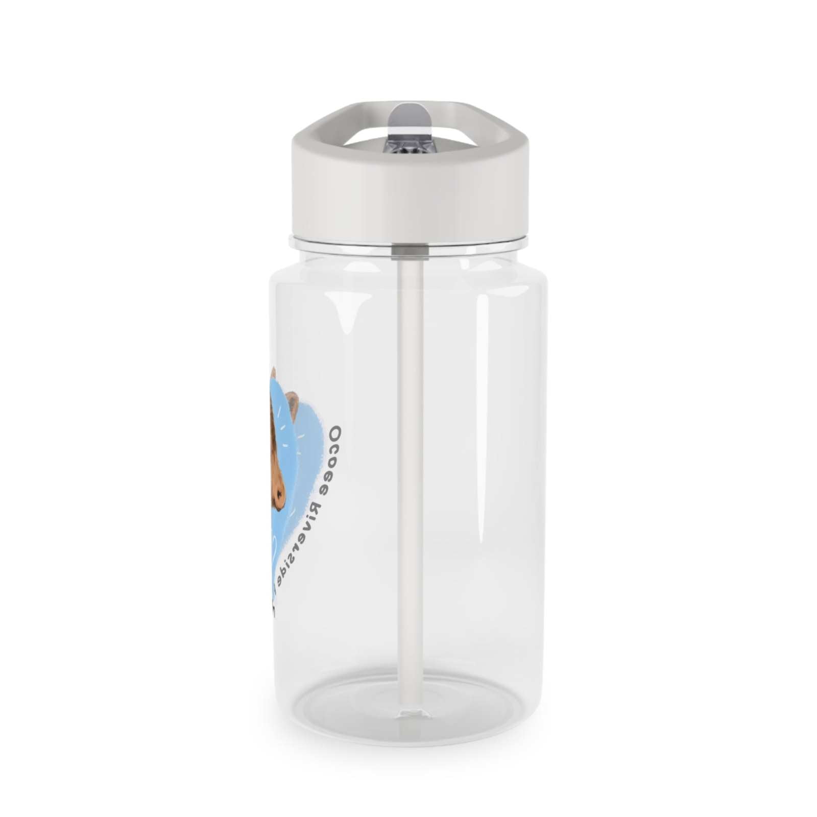 Transparent Cow Tritan water bottle with white lid and built-in straw, farm animal-themed drinkware made from BPA-free plastic.