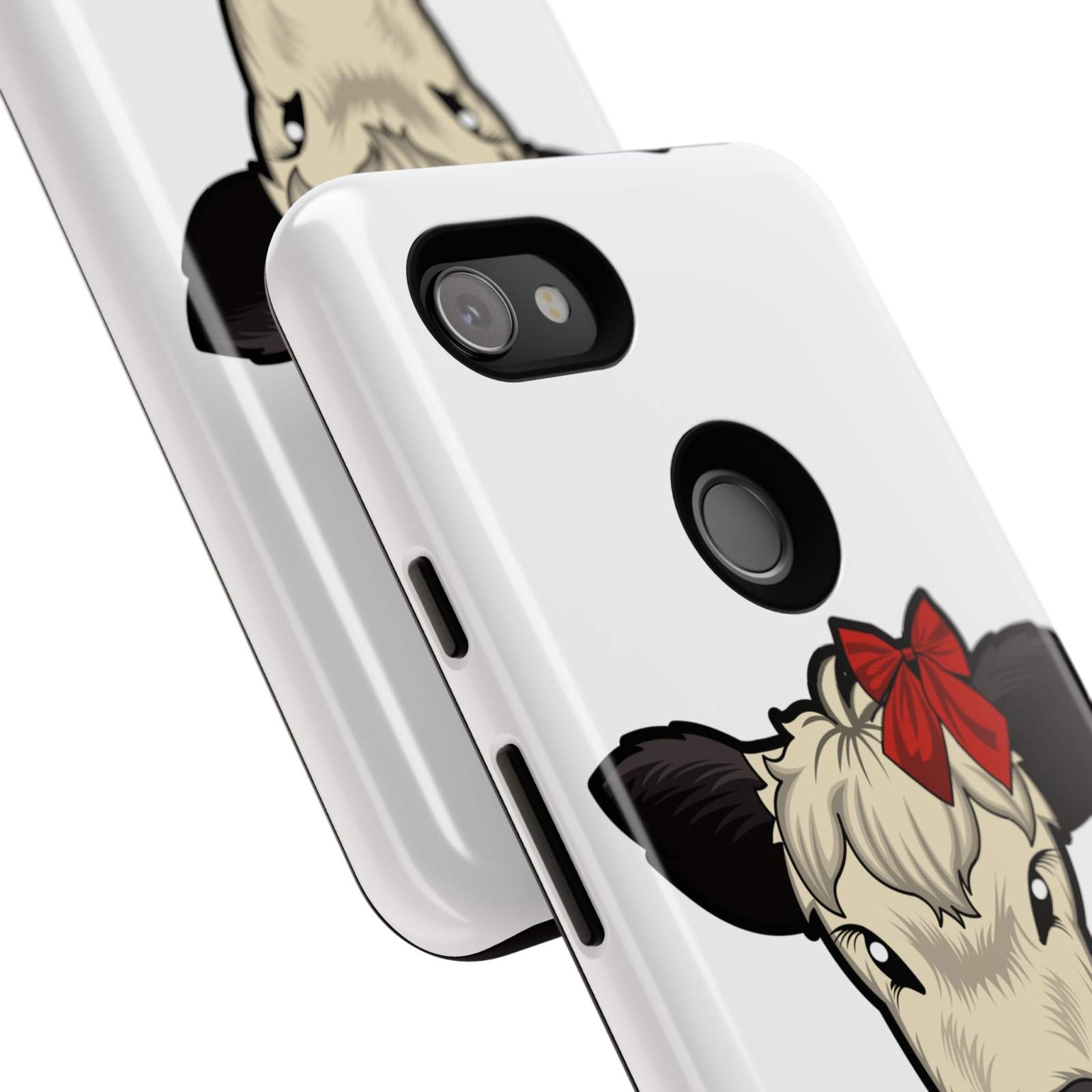 Farmhouse Chic Phone Case featuring Dolly the cow with red bow, rustic charm design, durable protection.
