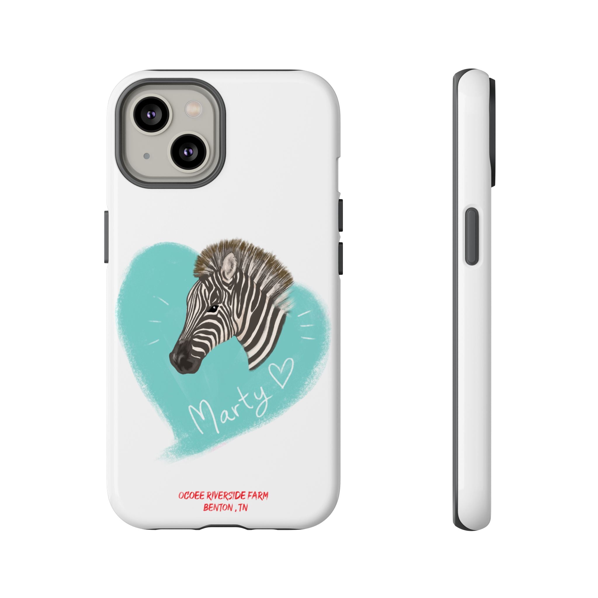 A zebra adorned with the word "Marty" creatively integrated into its stripes at Ocoee Riverside Farm Phone Case