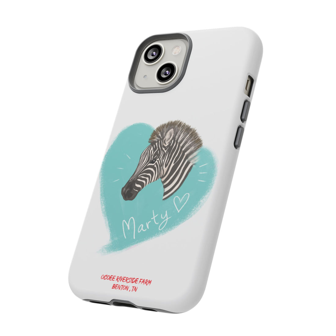 A zebra adorned with the word "Marty" creatively integrated into its stripes at Ocoee Riverside Farm Phone Case