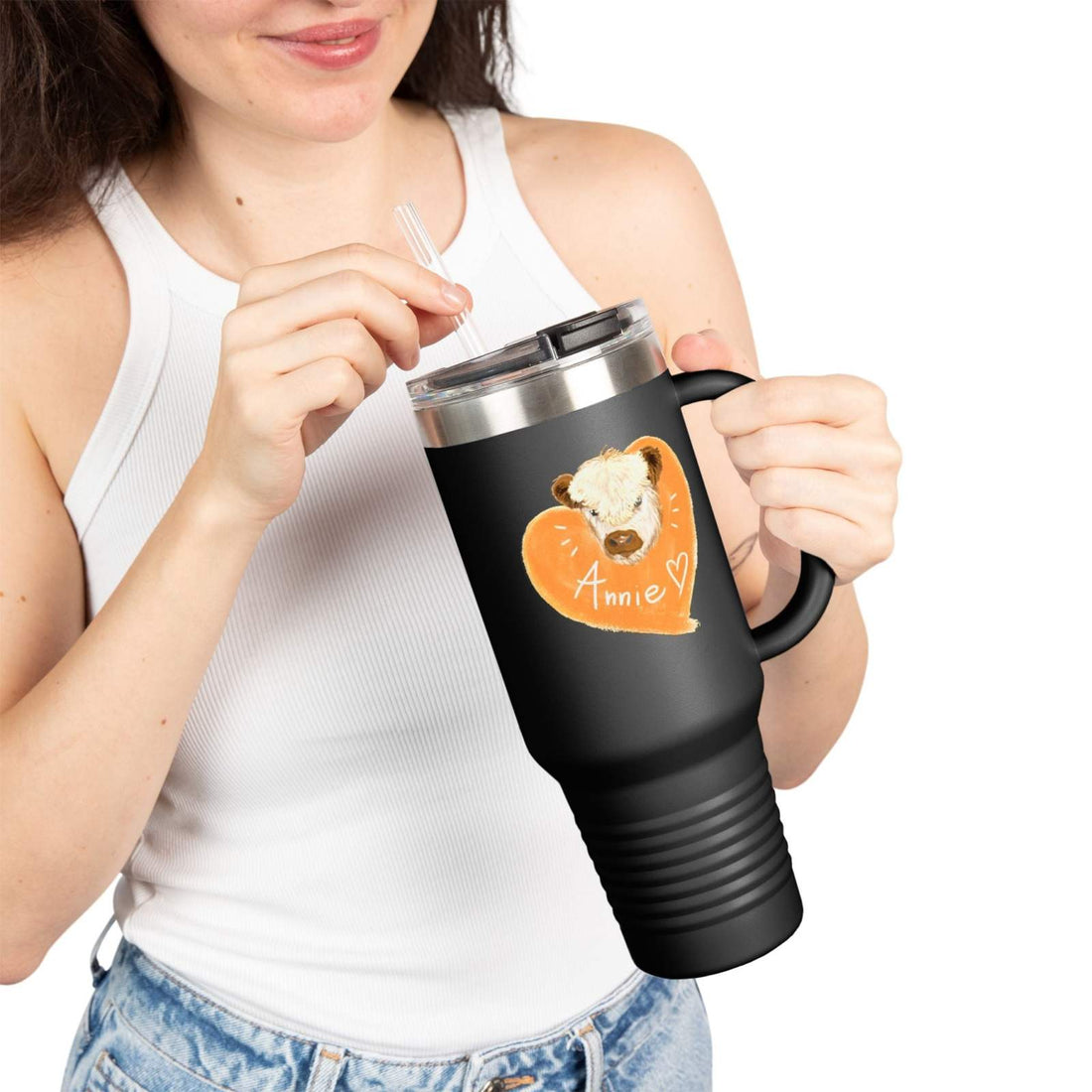 Personalized insulated travel mug 40oz black with custom bear and name design, stainless steel, spill-resistant lid, ergonomic handle.