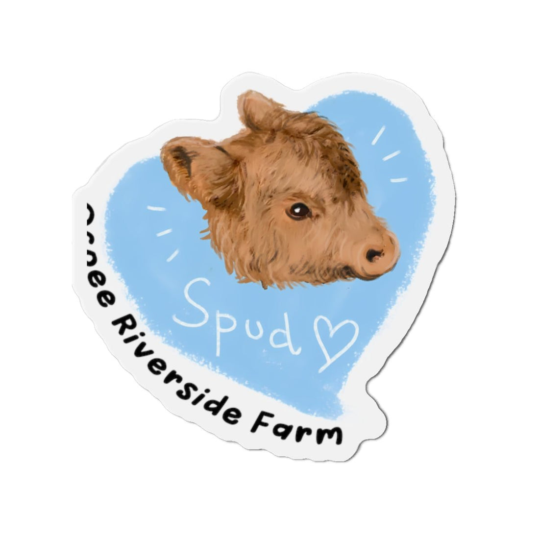 Farm Animal Decor Magnet featuring a charming cow illustration with "Spud" text on a blue heart background from Three Riverside Farm
