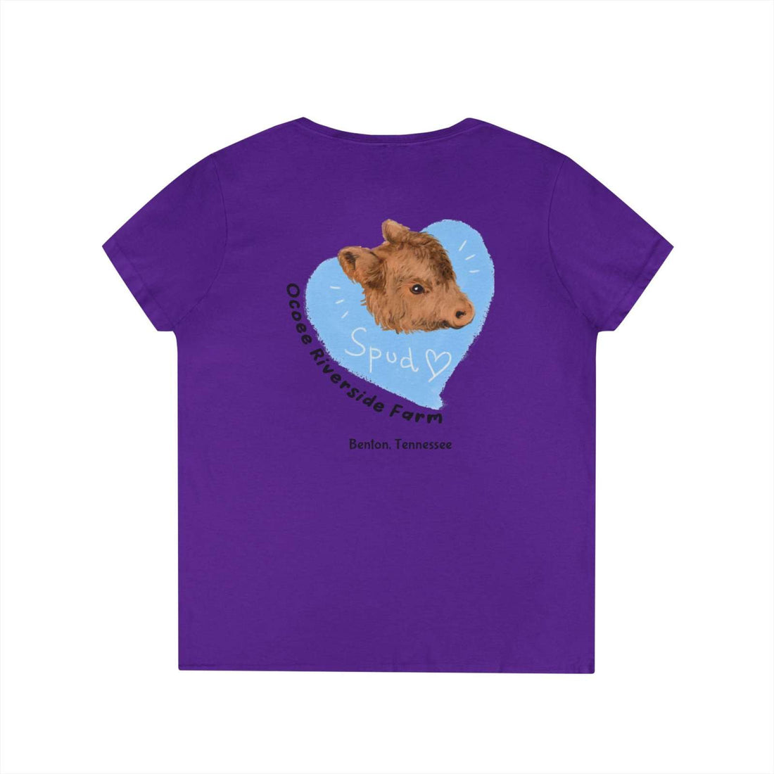 Purple Spud Heart Women’s V-Neck T-Shirt featuring a brown calf illustration inside a blue heart with Ocoee Riverside Farm, Tennessee text.