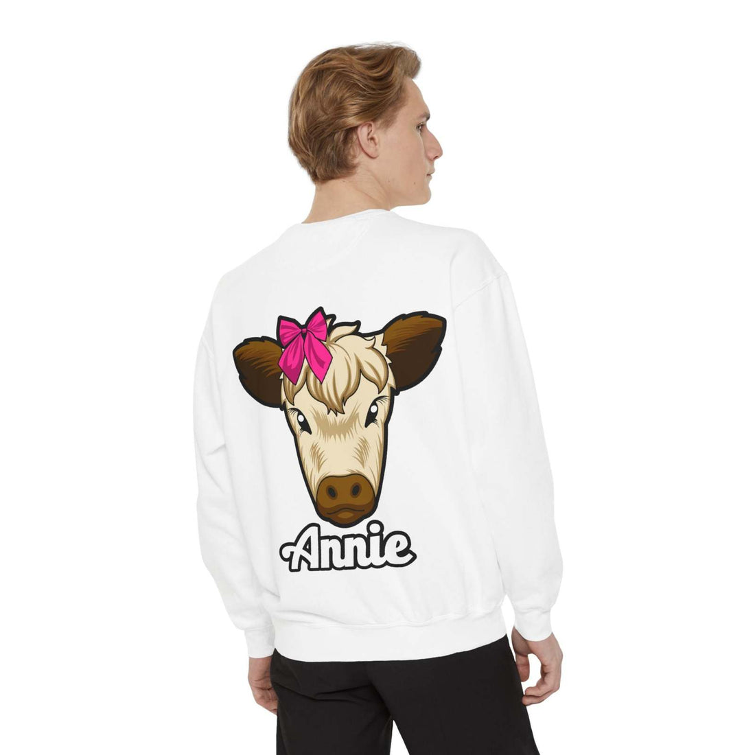 Farm animal sweatshirt featuring Annie the Cow with red bow, cozy countryside style.