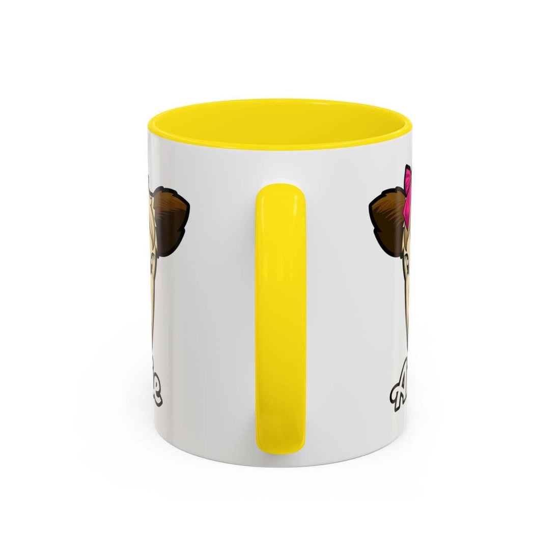 Farmhouse cow coffee mug with yellow handle and red bow design.