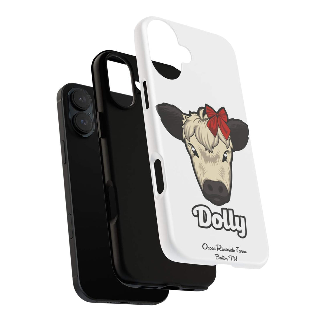Farmhouse Chic Phone Case featuring Dolly the cow with a red bow, rustic charm, durable and protective.