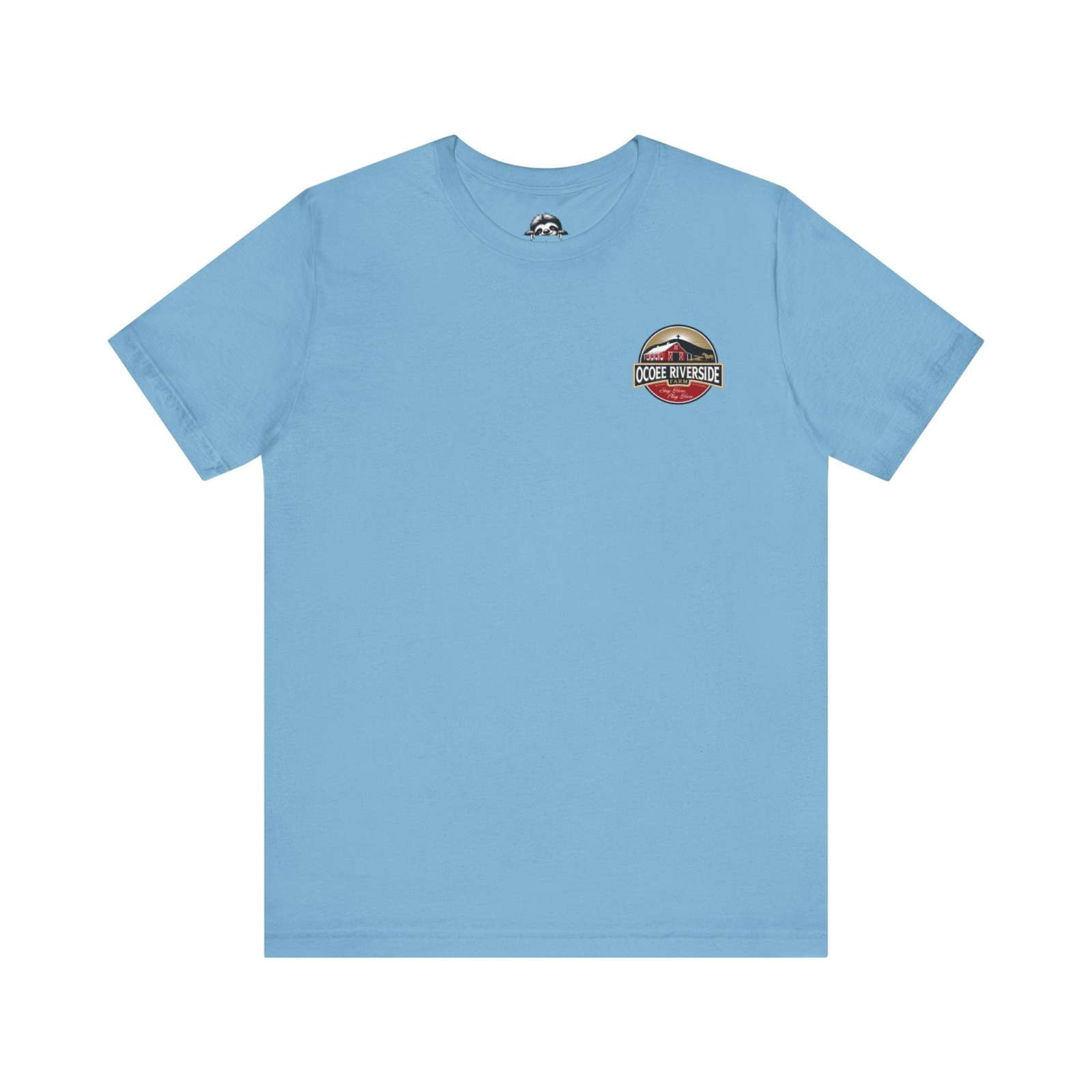 Blue Farm Life T-Shirt with Ocoee Riverside logo, soft and breathable cotton fabric.