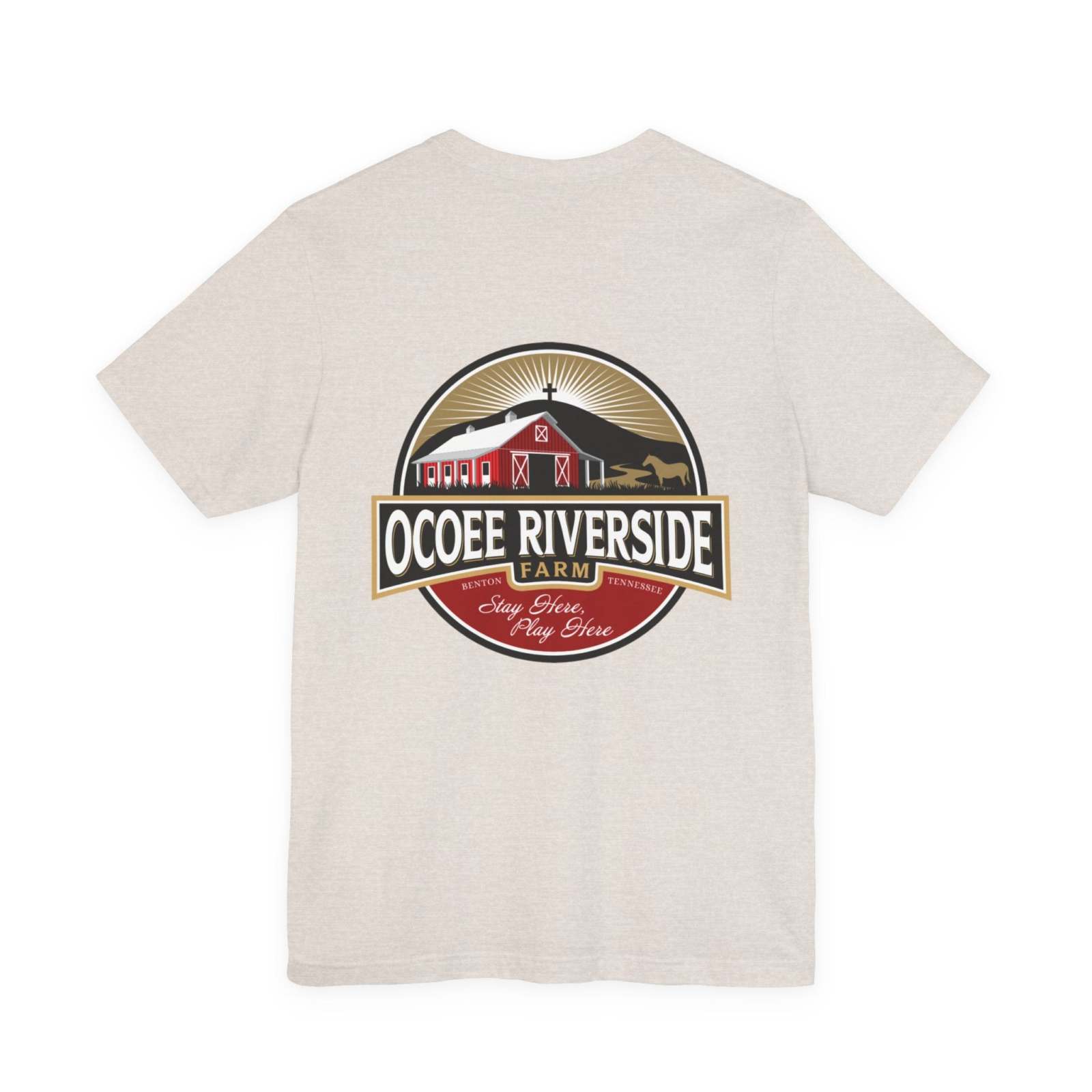 Back view of a beige unisex Sloth T-Shirt with Ocoee Riverside Farm logo print