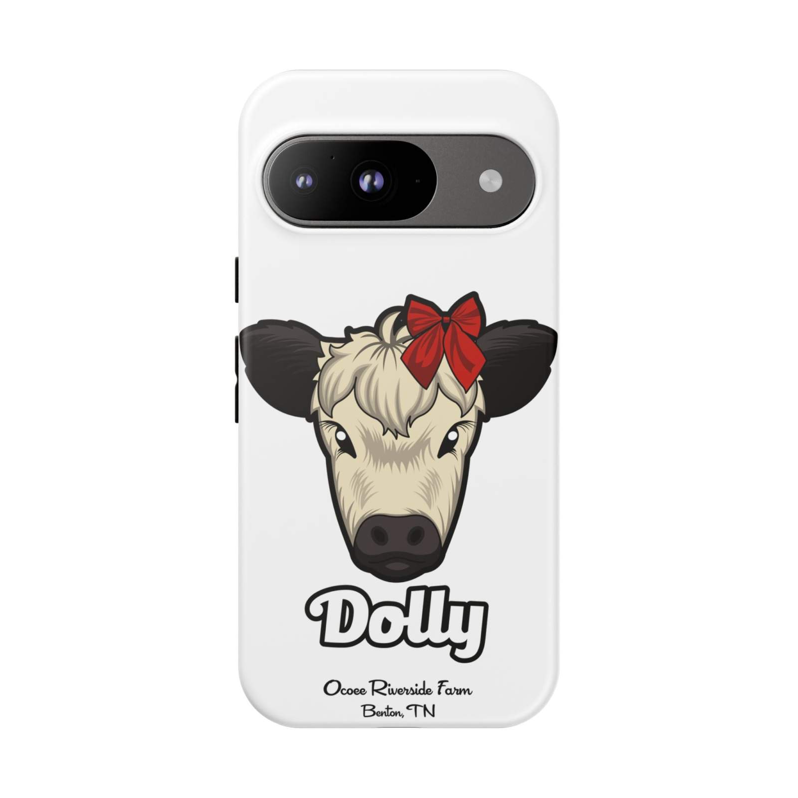 Farmhouse Chic Phone Case with Dolly the cow wearing a red bow, protective and stylish design for farmhouse lovers
