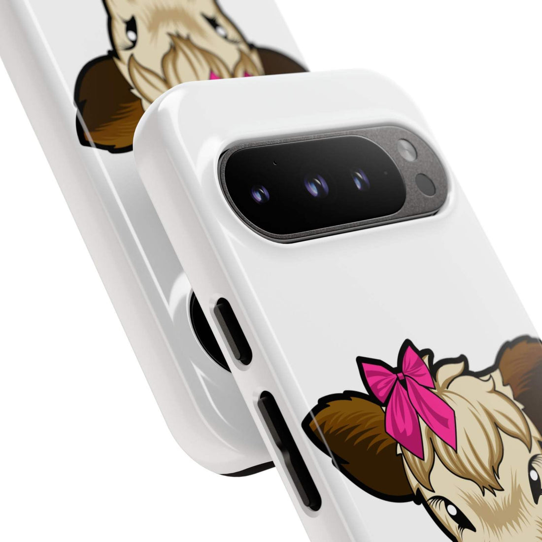 Cute farm animal phone case with Annie the Cow design featuring a red bow, perfect gift for farm animal lovers.