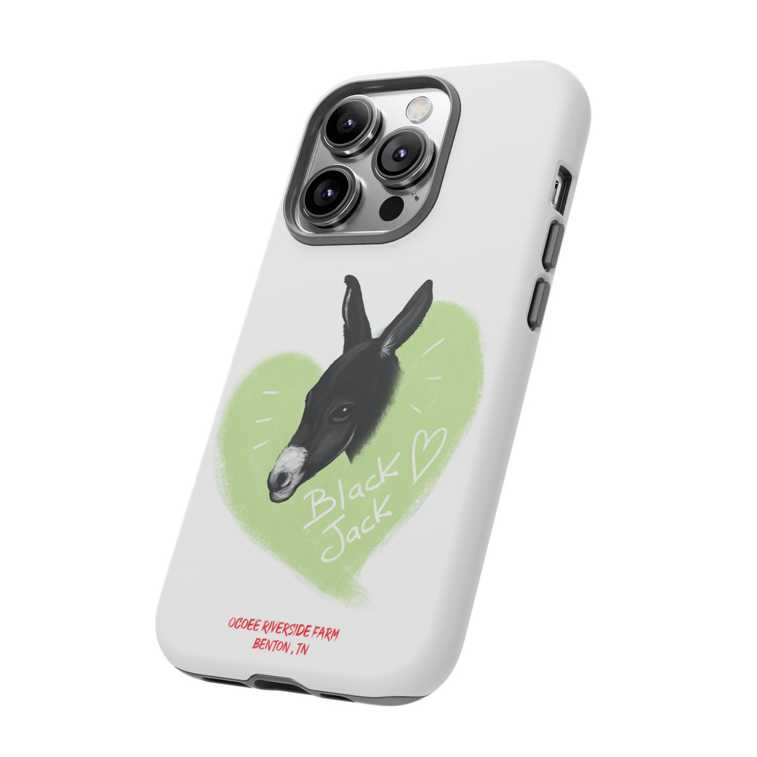 A donkey featuring the words "Black Jack" prominently displayed on its side at Ocoee Riverside Farm Phone Case