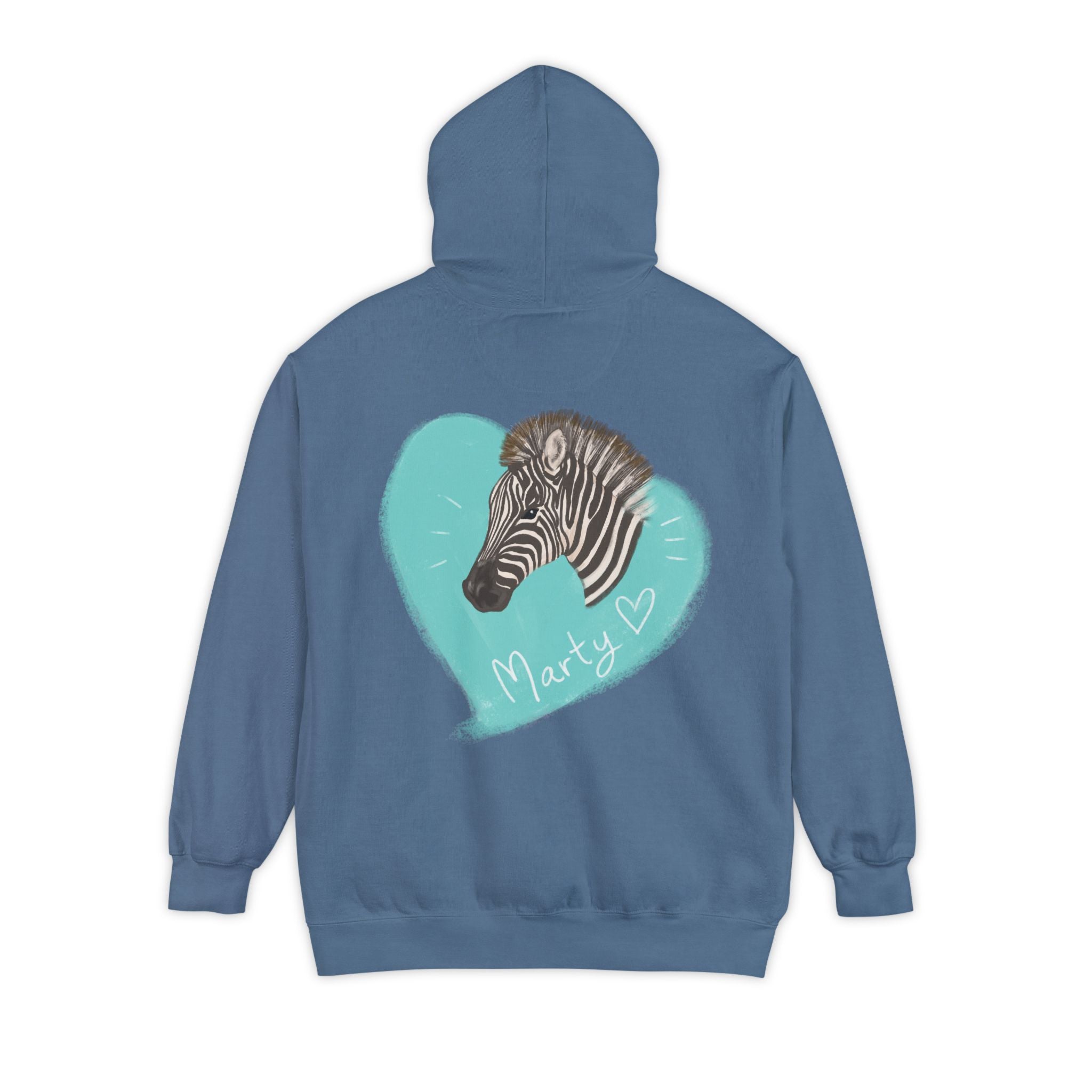 A zebra adorned with the word "Marty" creatively integrated into its stripes at Ocoee Riverside Farm Unisex Hoodie