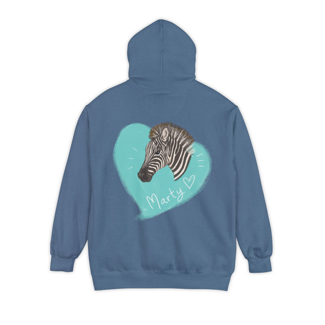 A zebra adorned with the word "Marty" creatively integrated into its stripes at Ocoee Riverside Farm Unisex Hoodie