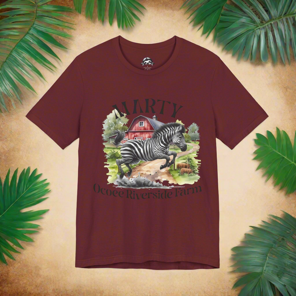 Marty the Zebra T-Shirt with vibrant zebra and farm design on maroon breathable cotton tee