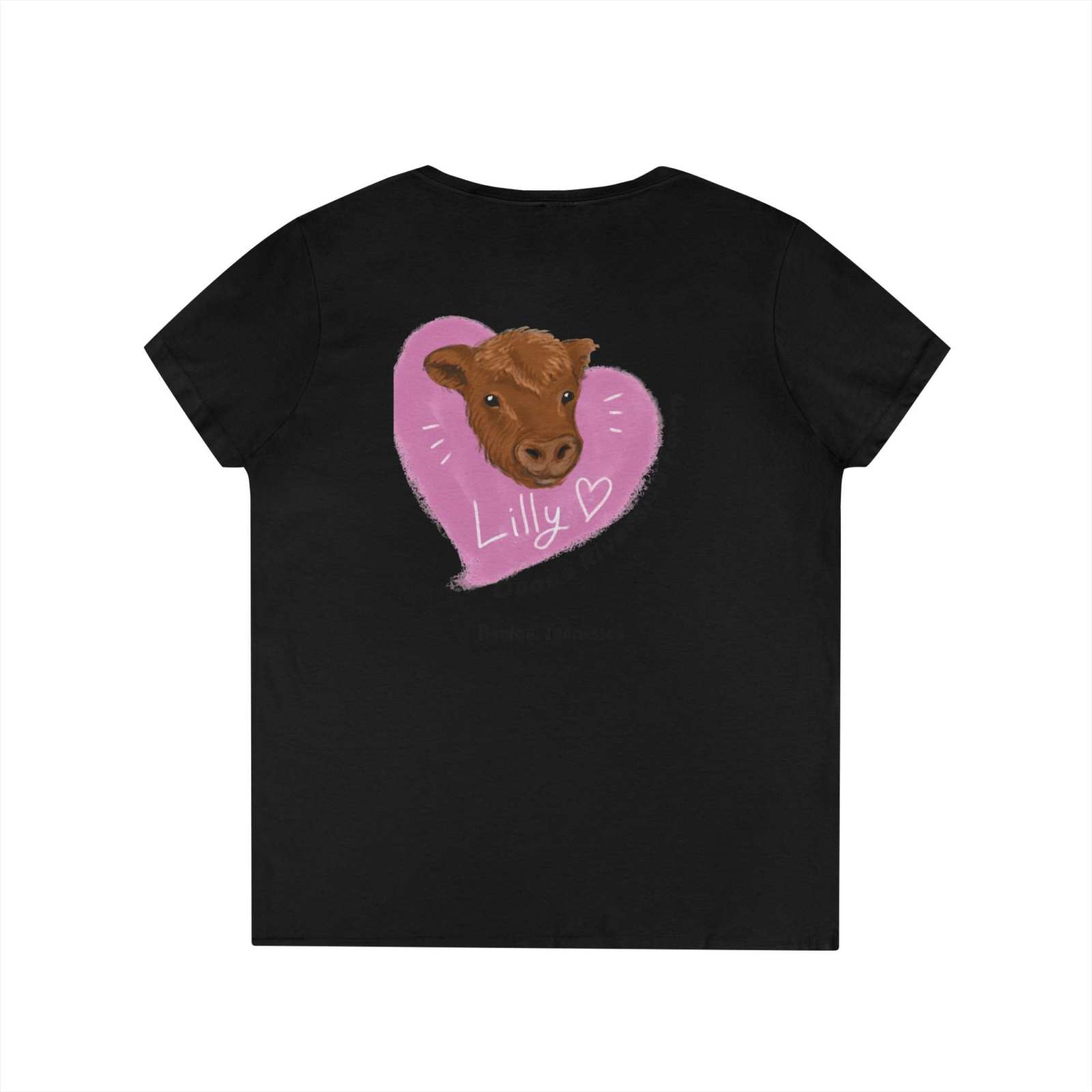 Black Spud Heart Women’s V-Neck Tee with Lilly cow graphic inside pink heart on back