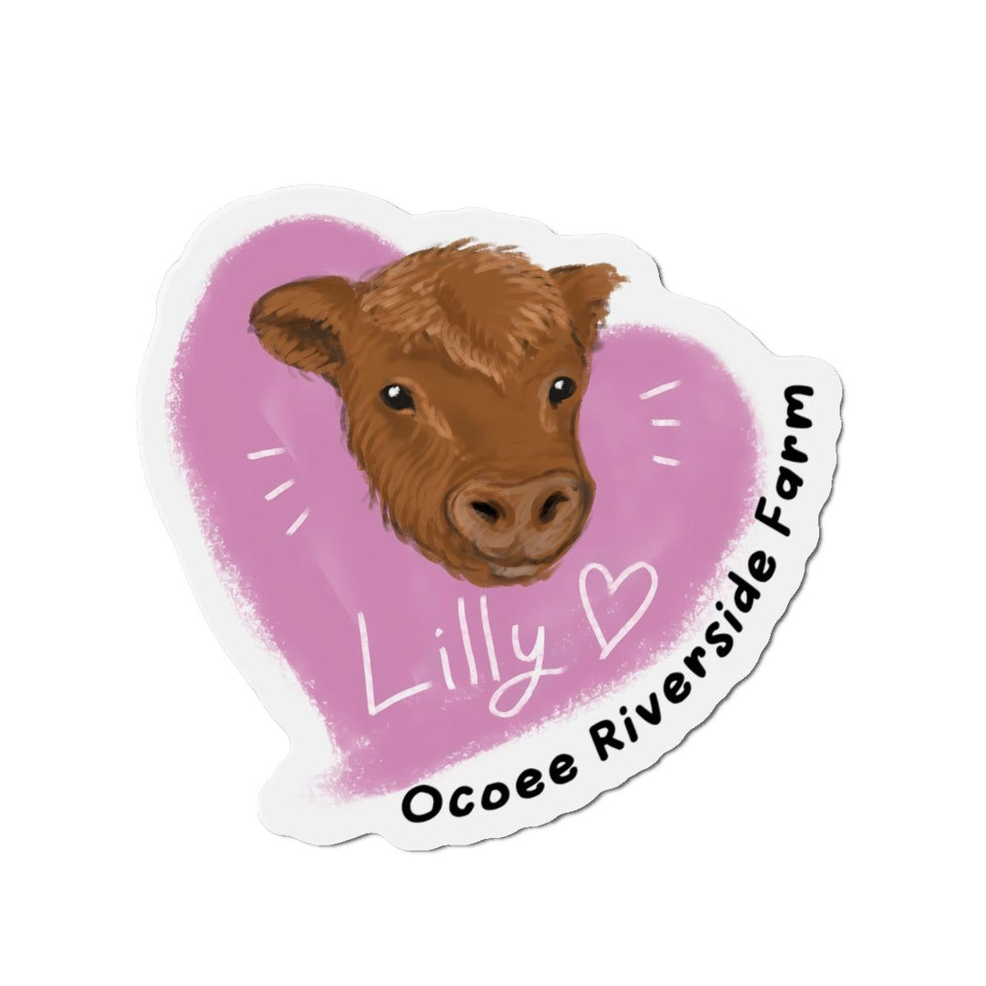 Cute cow farm animal die-cut magnet with purple heart background and "Lilly" text