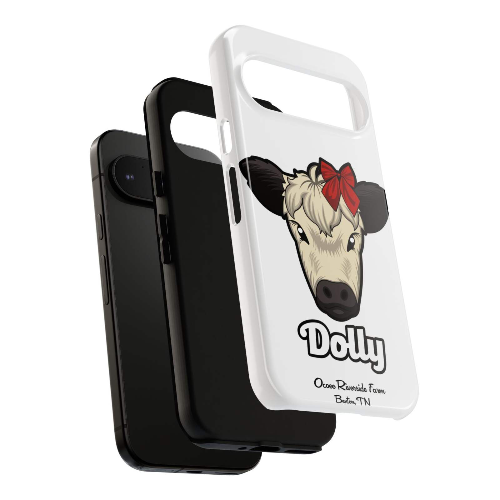Farmhouse Chic Phone Case with Dolly the Cow Design and Red Bow, Modern Rustic Protection.