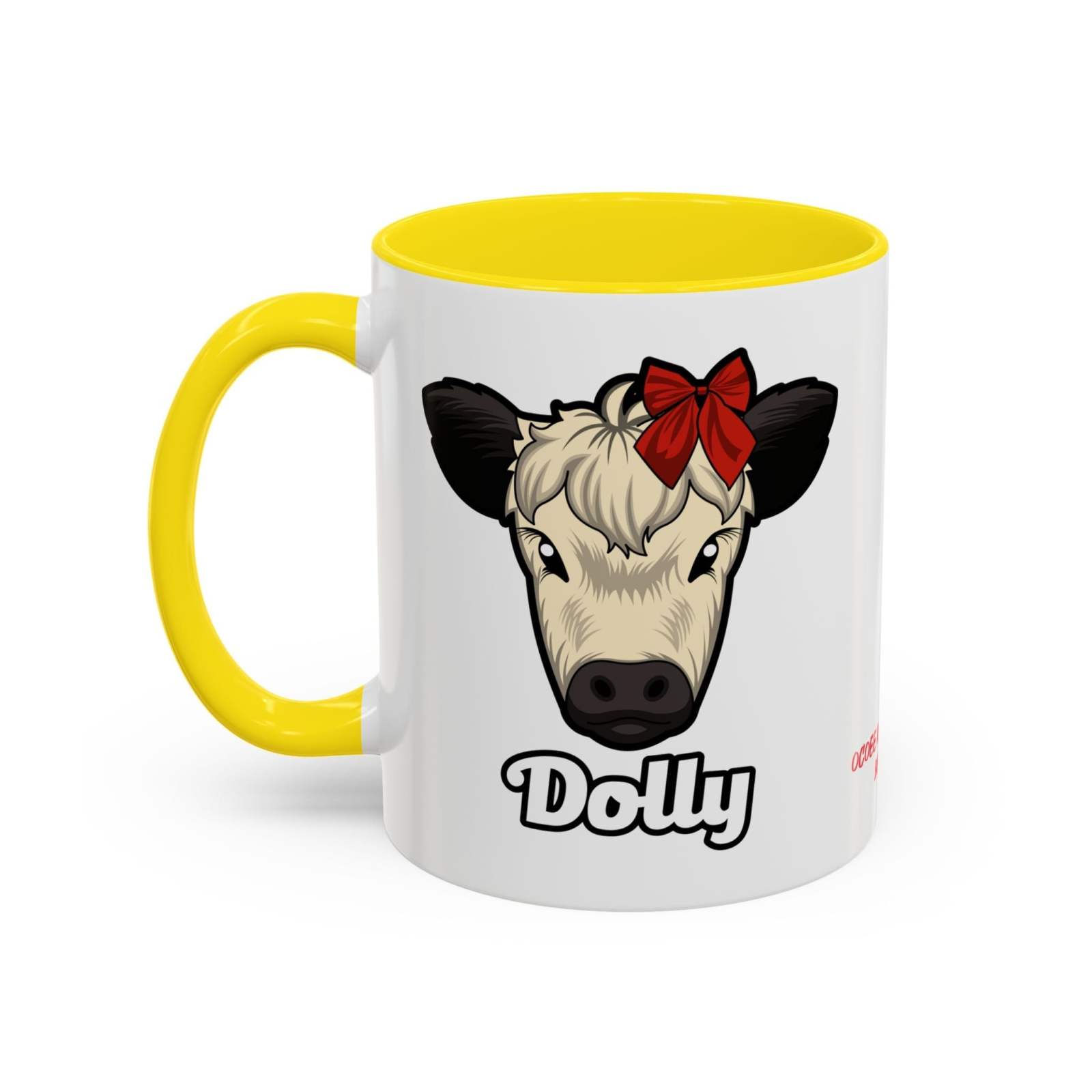 White ceramic farm animal coffee mug with a cute cow named Dolly wearing a red bow, yellow handle and interior, microwave and dishwasher safe