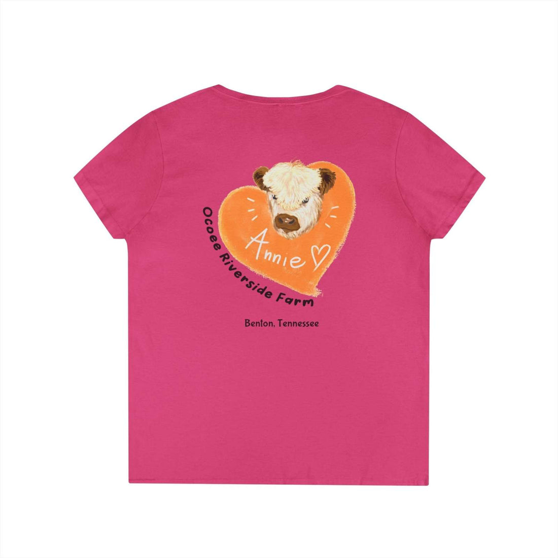 Tennessee Farm Life V-Neck women's pink shirt with Annie cow heart design and Ococ River Side Farm text