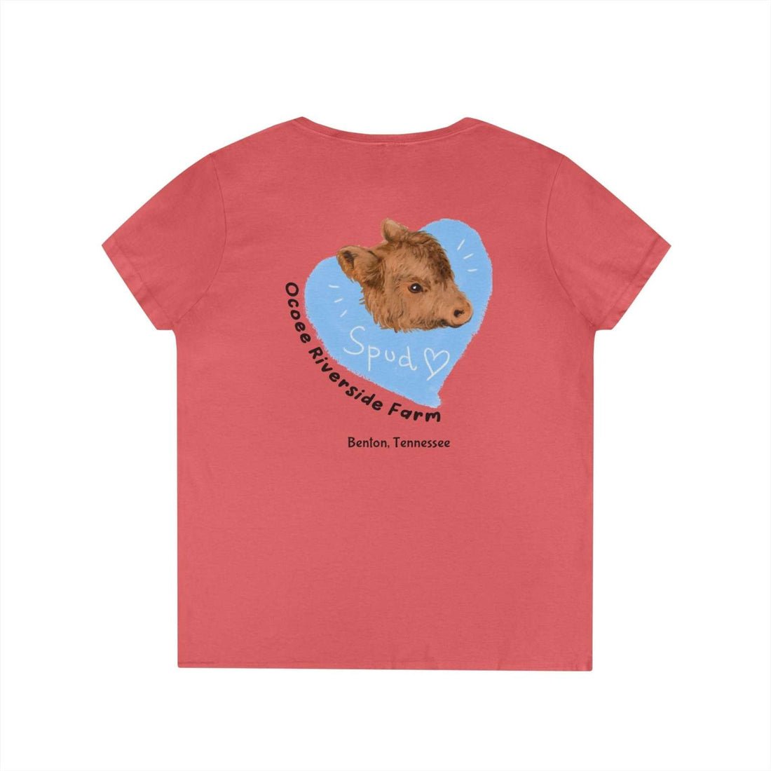Spud Heart Women’s V-Neck T-Shirt in coral with cow illustration inside blue heart and Ocoee Riverside Farm, Tennessee text