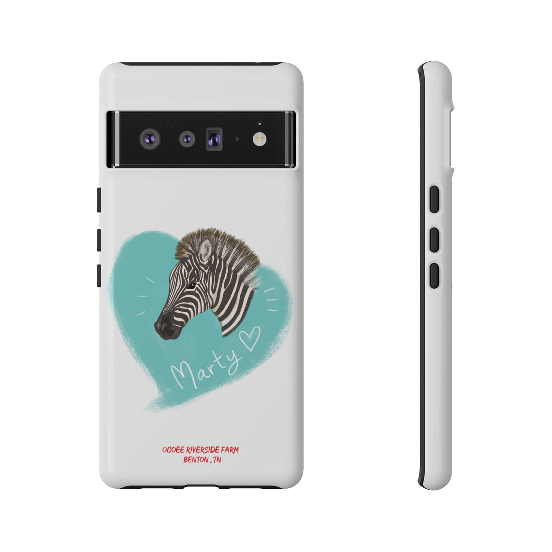 A zebra adorned with the word "Marty" creatively integrated into its stripes at Ocoee Riverside Farm Phone Case