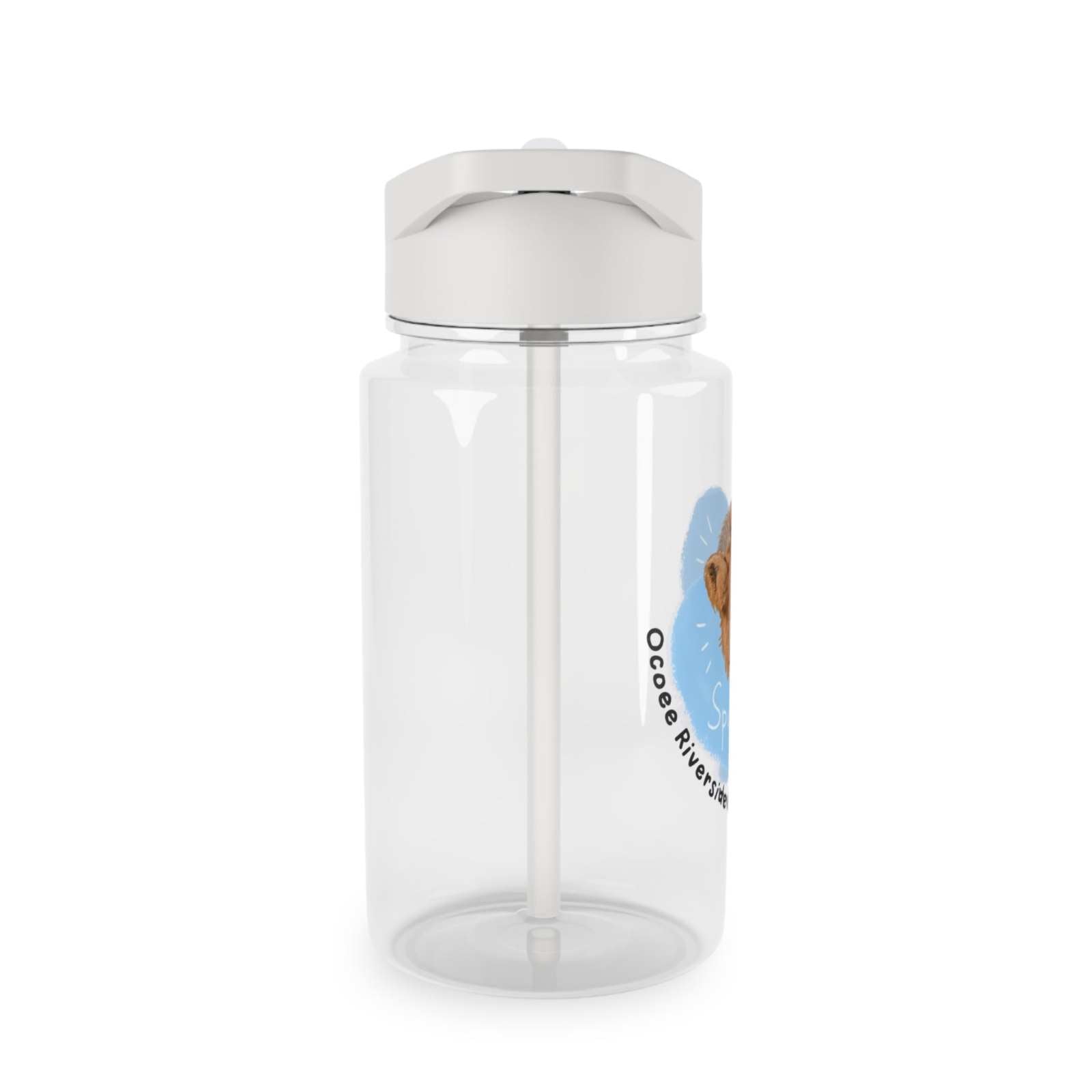 Clear Tritan water bottle with white lid and straw, farm animal-themed design, spill-resistant and BPA-free.