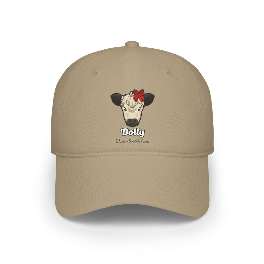 Beige cow baseball cap featuring Dolly the cow with a red bow and Ocoee Riverside Farm text