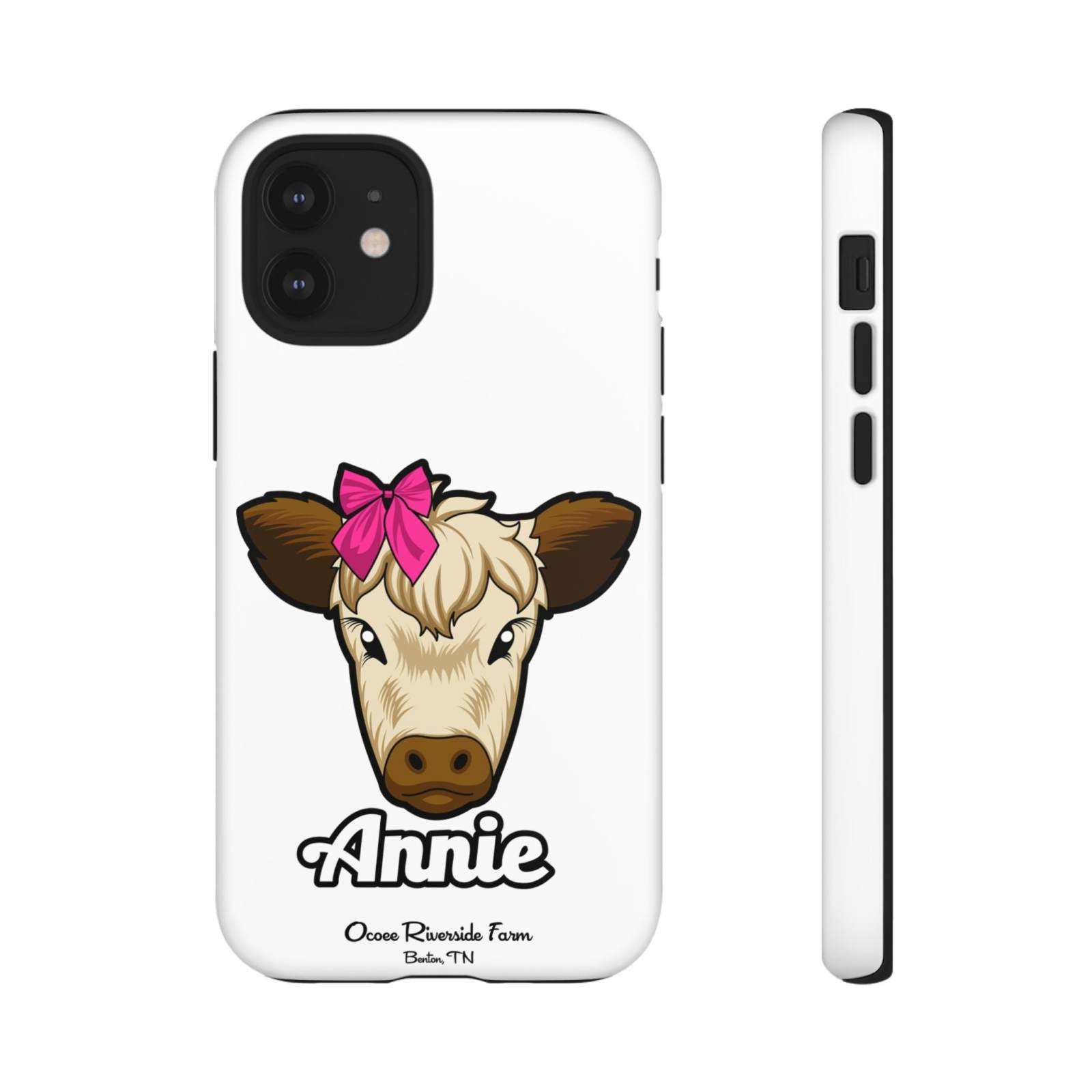 Cute cow phone case with pink bow, ideal farm animal lover gift.