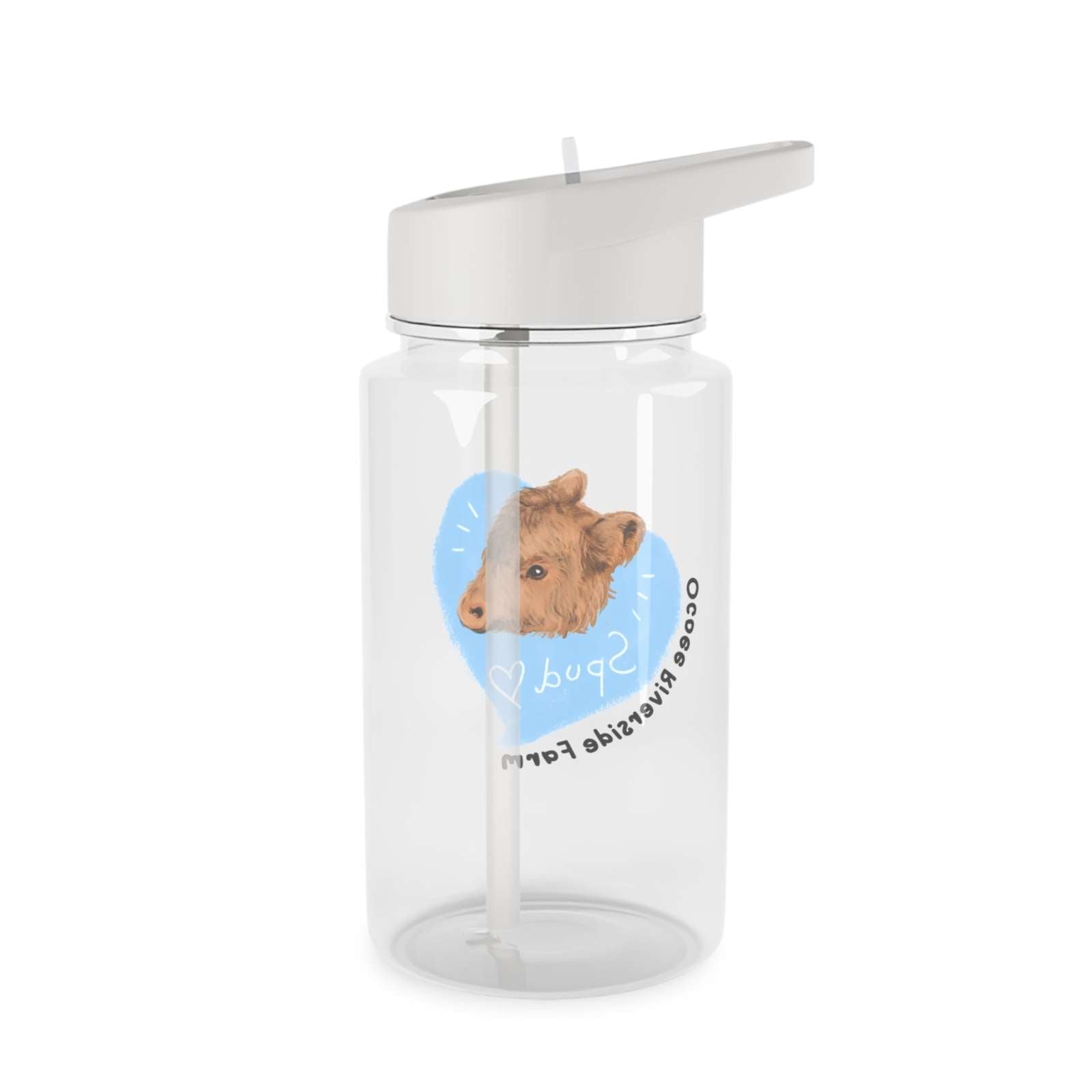 Clear Cow Tritan Water Bottle with spill-resistant lid and farm animal design