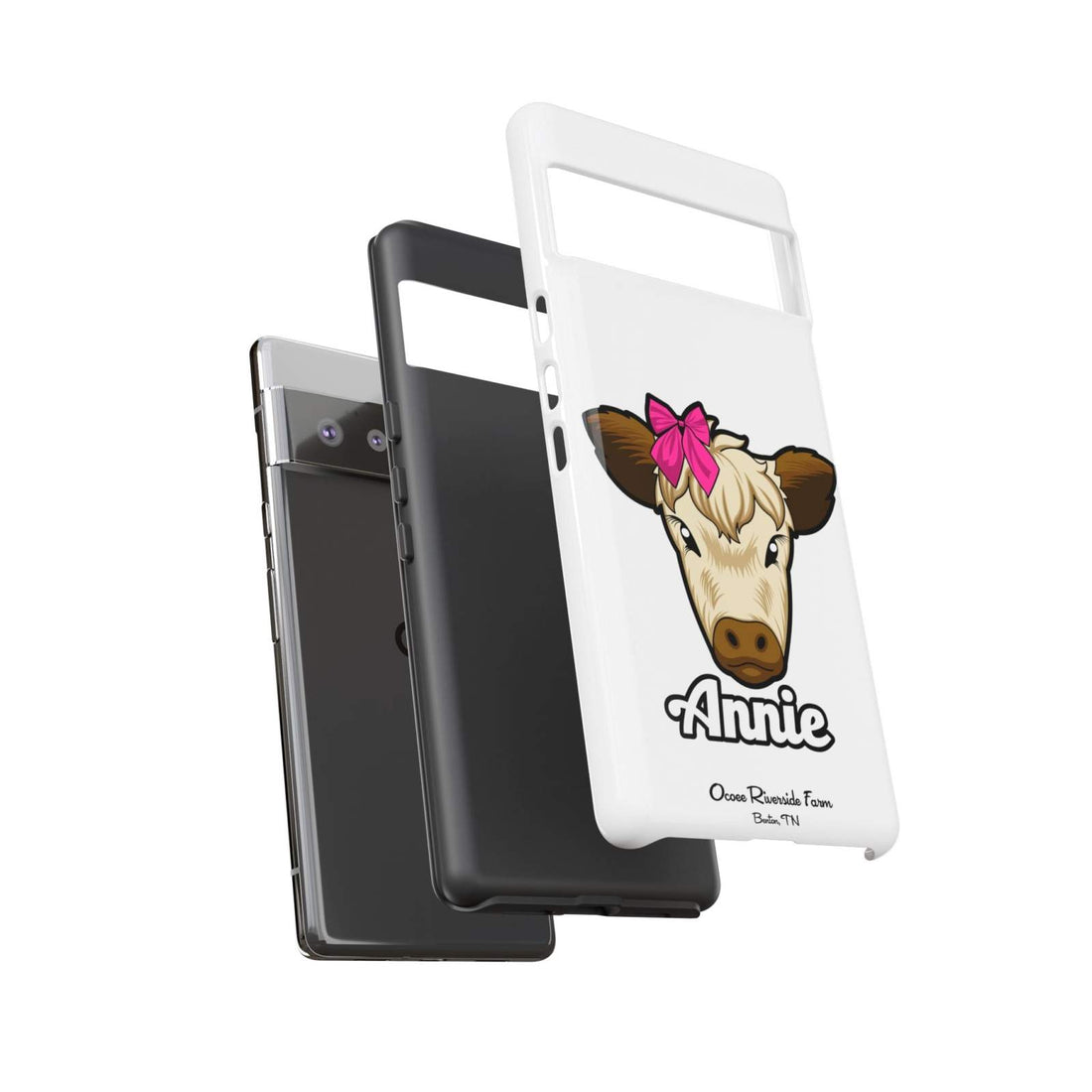 Cute farmhouse cow phone case with red bow, perfect farm animal lover gift.