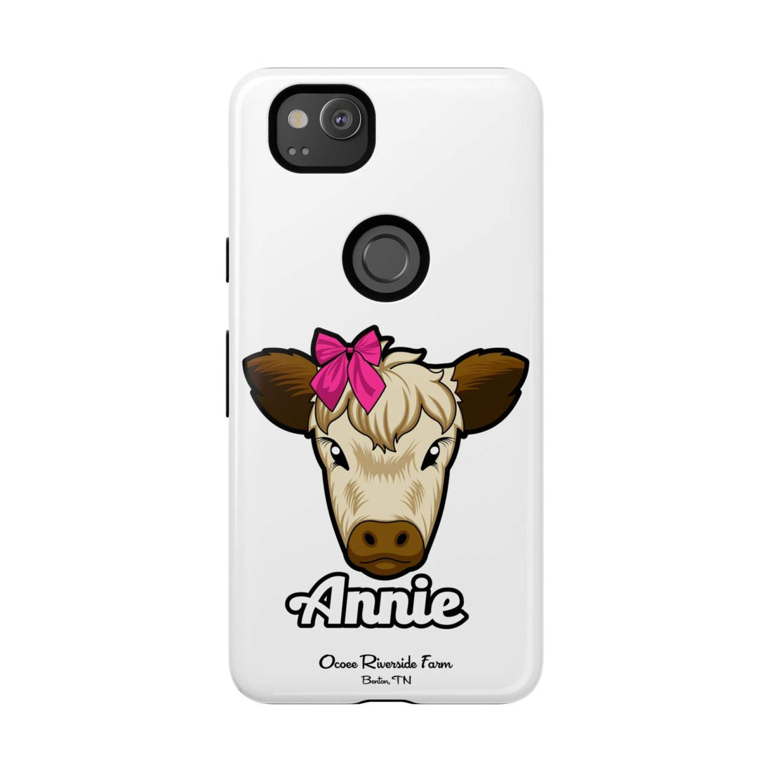 Cute farmhouse cow phone case with red bow design, perfect farm animal lover gift.