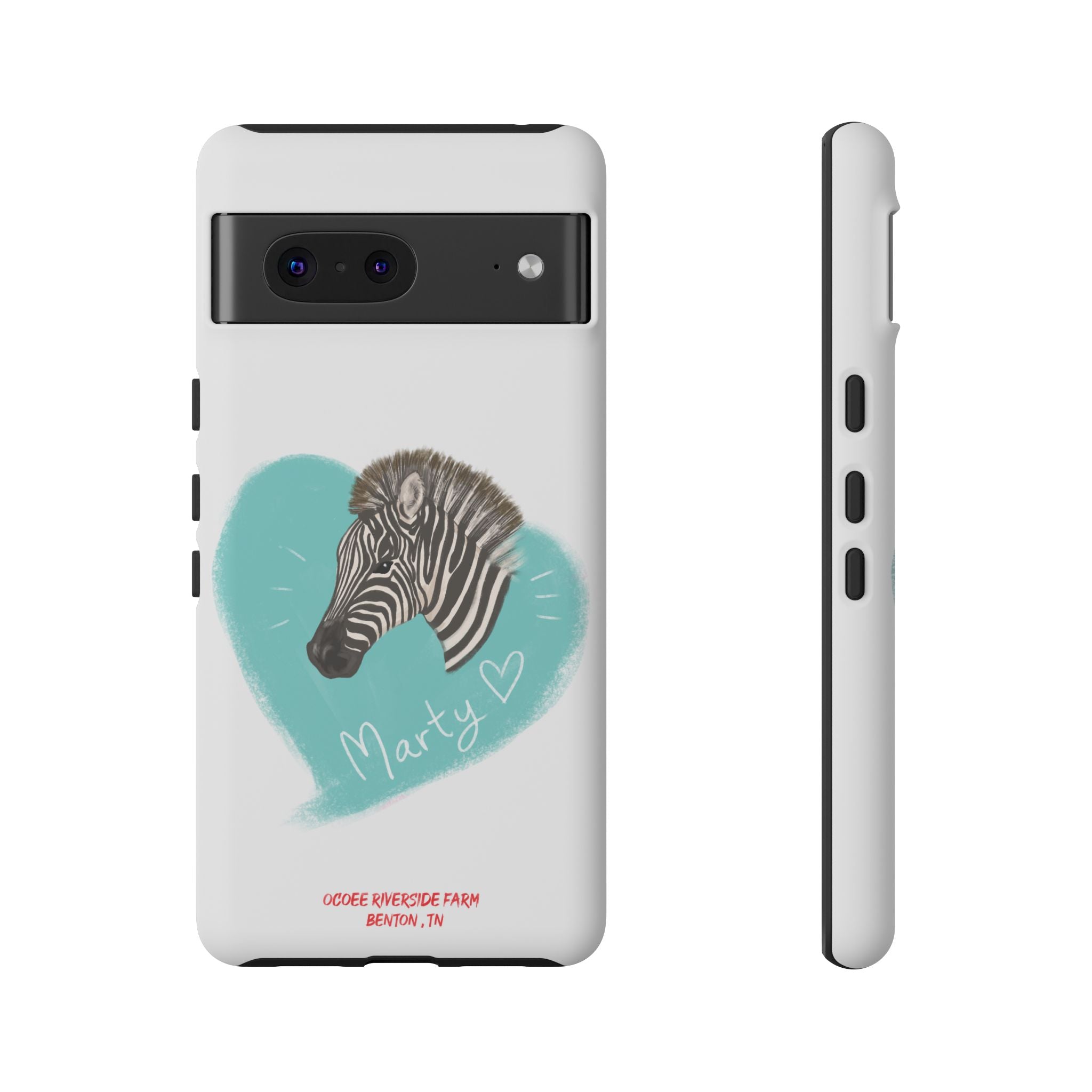 A zebra adorned with the word "Marty" creatively integrated into its stripes at Ocoee Riverside Farm Phone Case