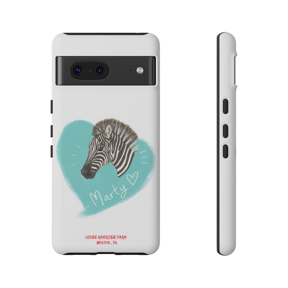 A zebra adorned with the word "Marty" creatively integrated into its stripes at Ocoee Riverside Farm Phone Case