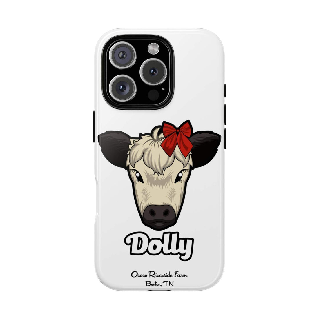 Farmhouse Chic Phone Case with Dolly the cow wearing a red bow and rustic design on white background
