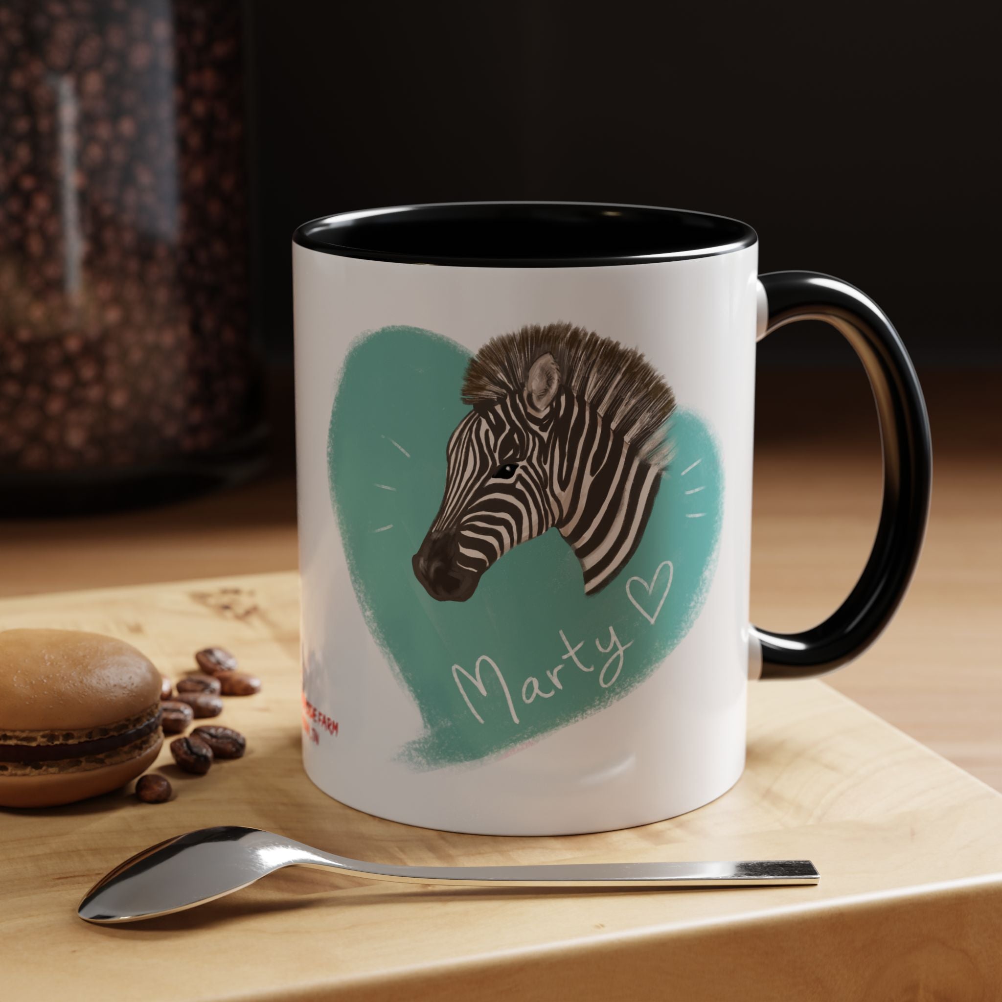 A zebra adorned with the word "Marty" creatively integrated into its stripes at Ocoee Riverside Farm Coffee Mug