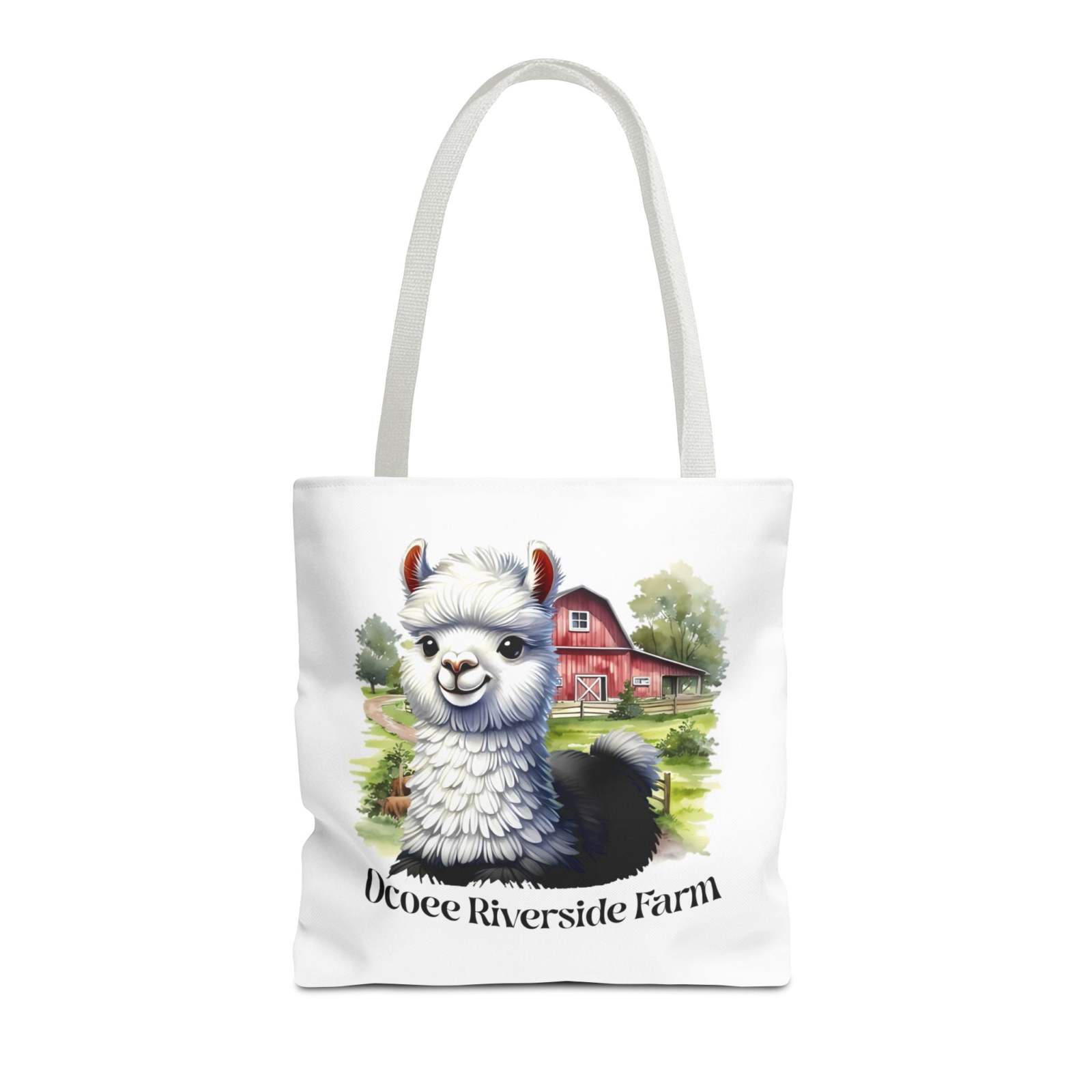 Eco-friendly Alpaca Tote Bag from Ocoee Riverside Farm featuring a charming alpaca and barn design, durable polyester with reinforced handles for shopping and everyday use.