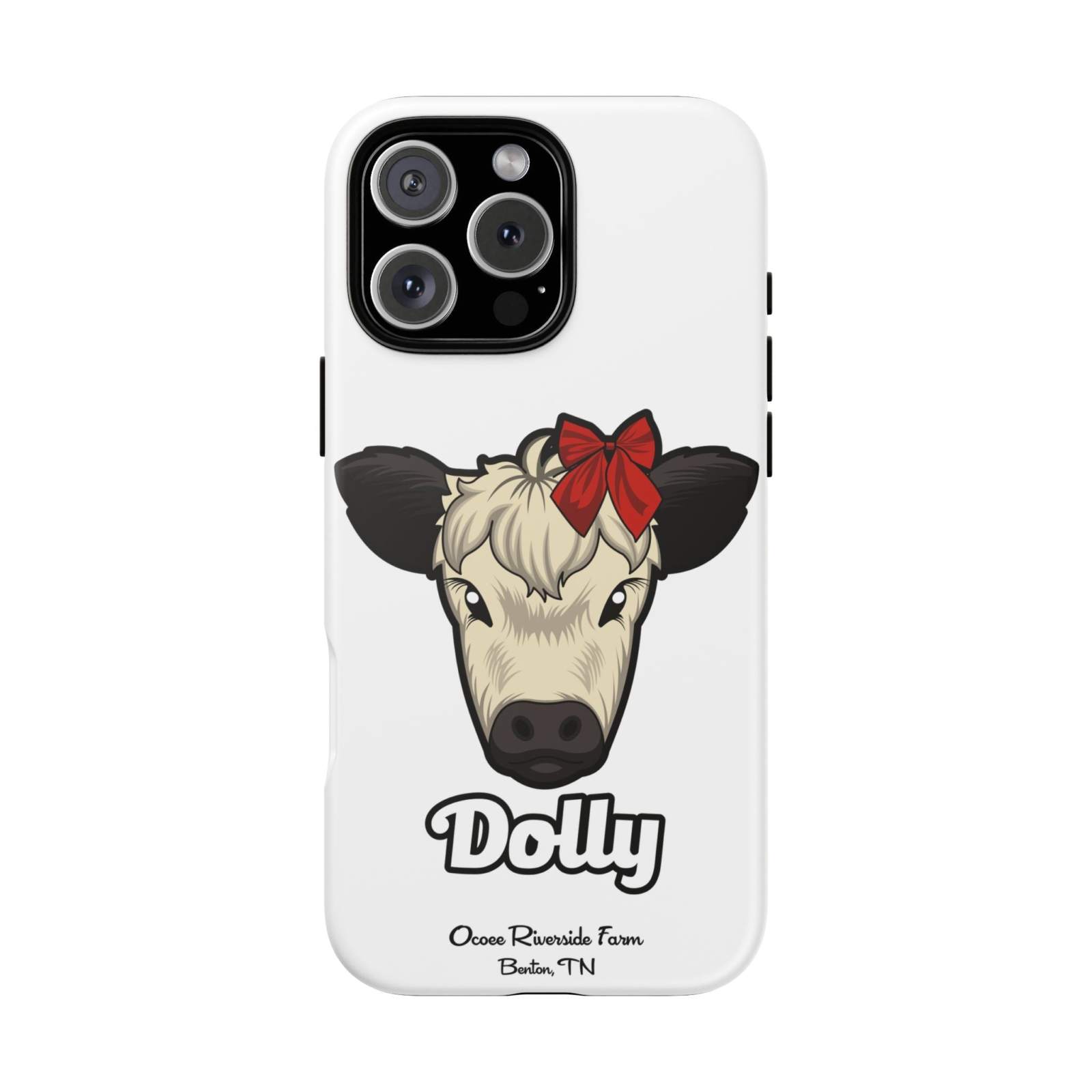 Farmhouse Chic Phone Case featuring Dolly the cow with a red bow, durable protective design with rustic farmhouse style