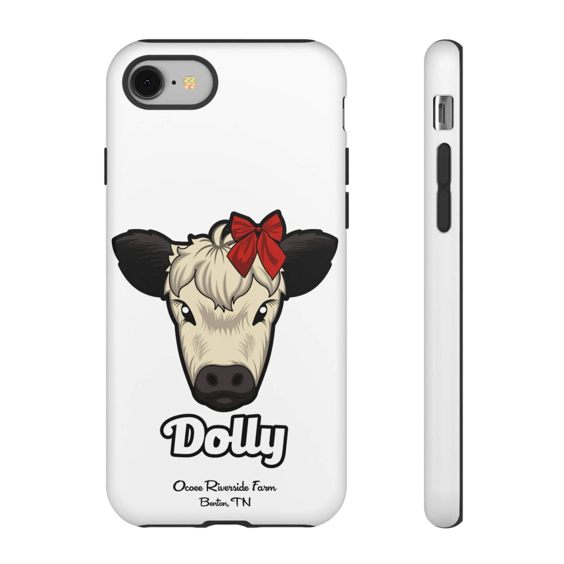 Farmhouse Chic Phone Case featuring Dolly the cow with a red bow illustration on white background
