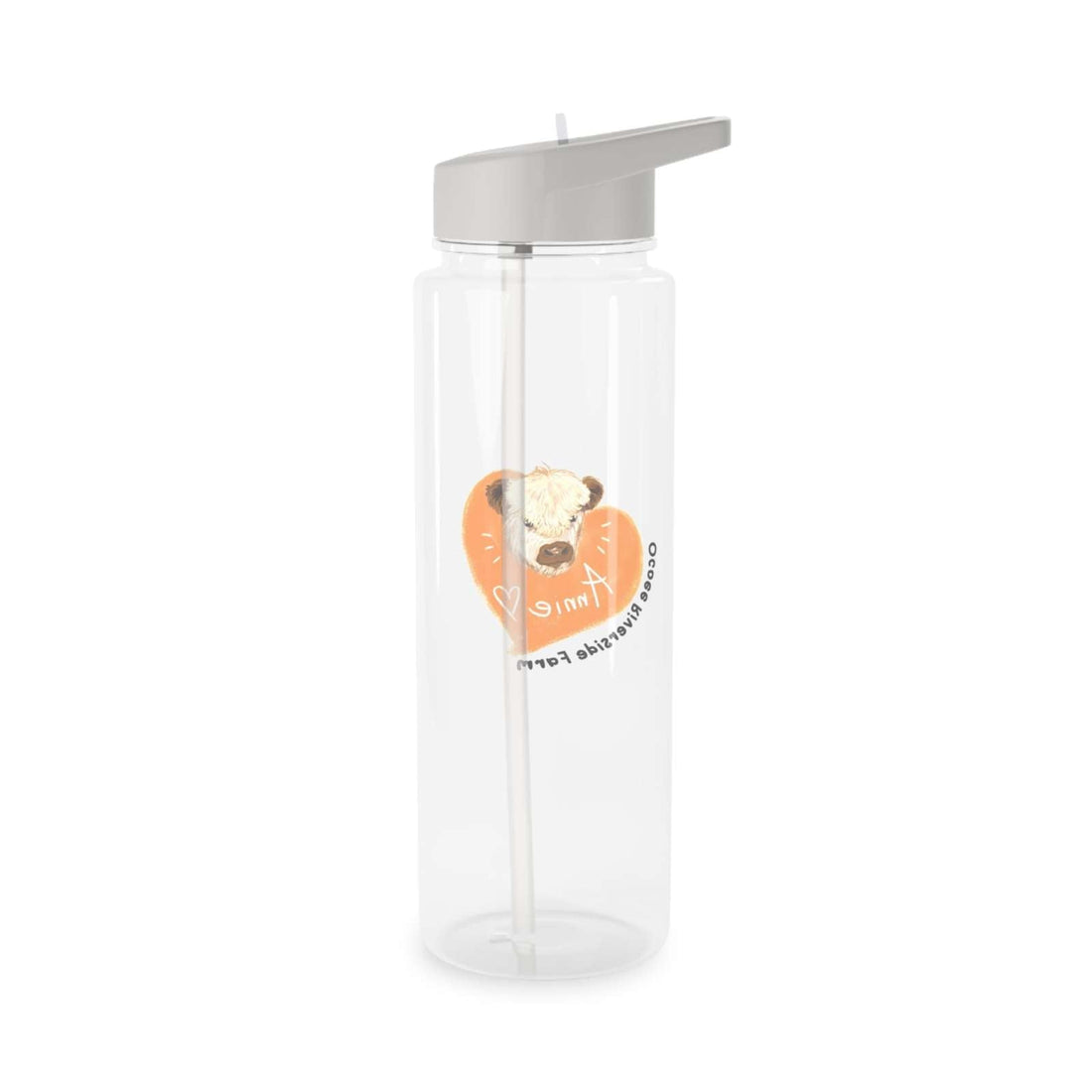 Clear Country Cow Water Bottle with grey spill-resistant lid and foldable straw, featuring a cow graphic on a heart-shaped orange background, lightweight and BPA-free for everyday use
