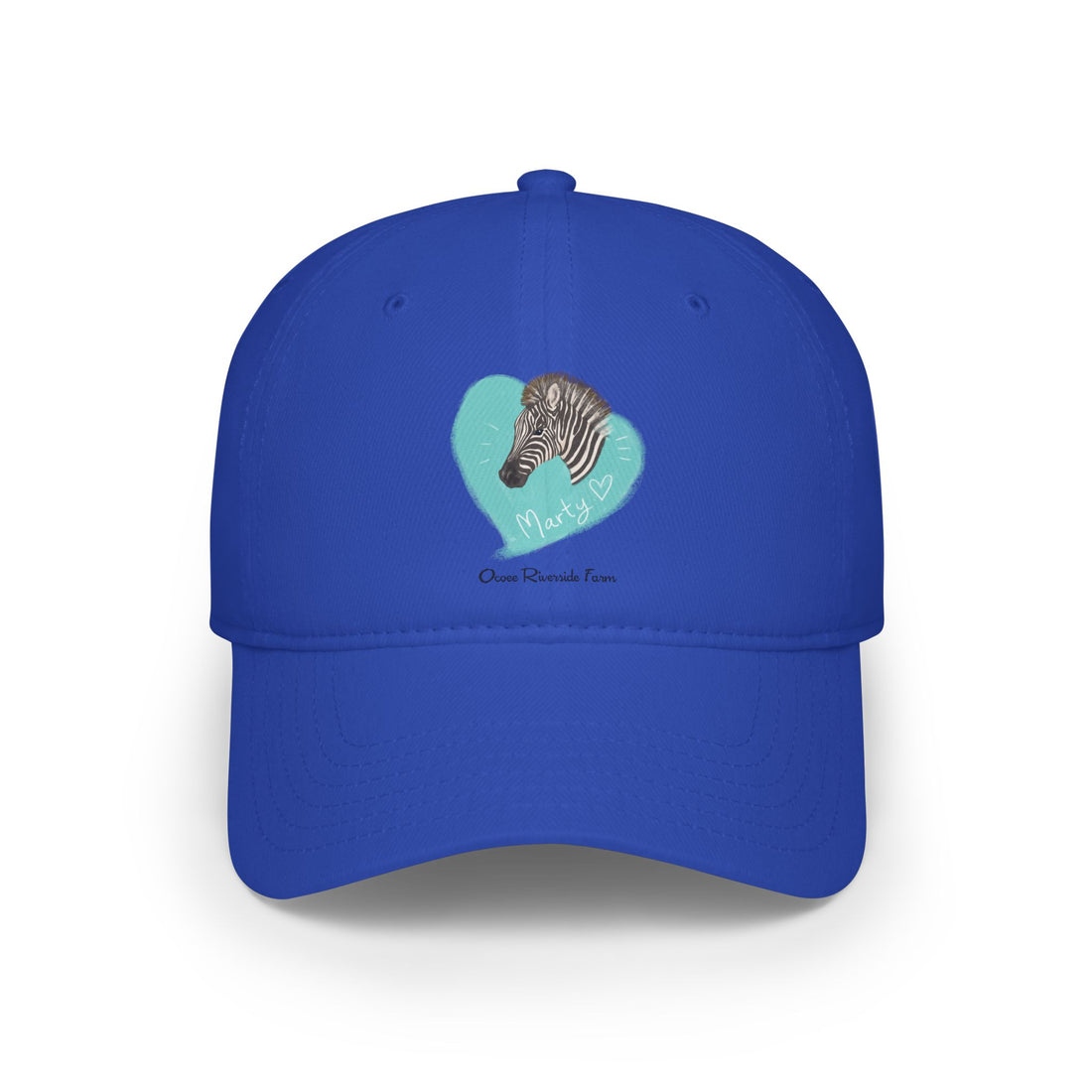 A zebra adorned with the word "Marty" creatively integrated into its stripes at Ocoee Riverside Farm Baseball Cap - for Outdoor Adventures